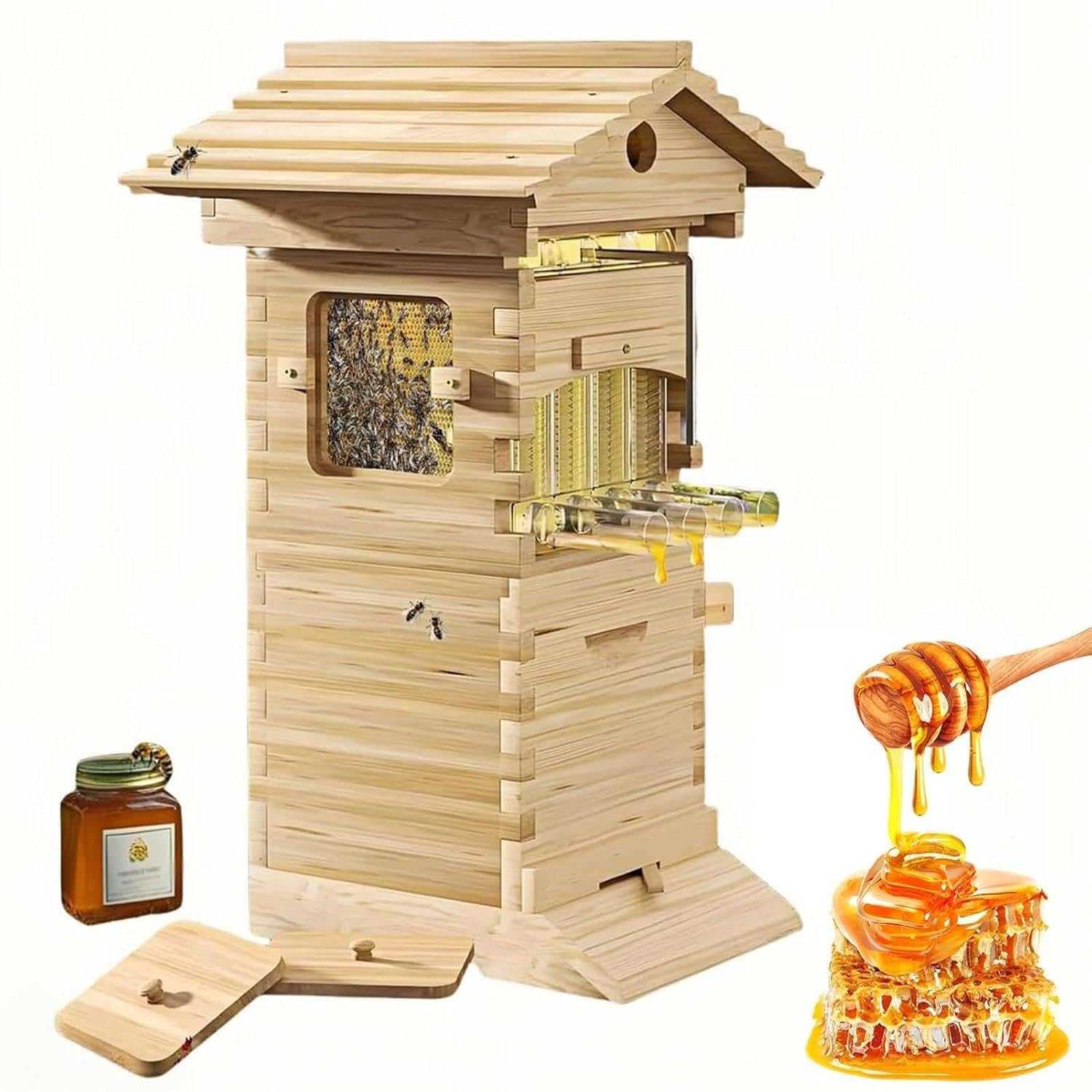 CelyToe Wooden Beehive Starter Kit for Beginners, Self-Flowing Bee Hive with Mold Resistance, Easy Assembly Complete Set for Backyard Beekeepers & Garden Pollinators