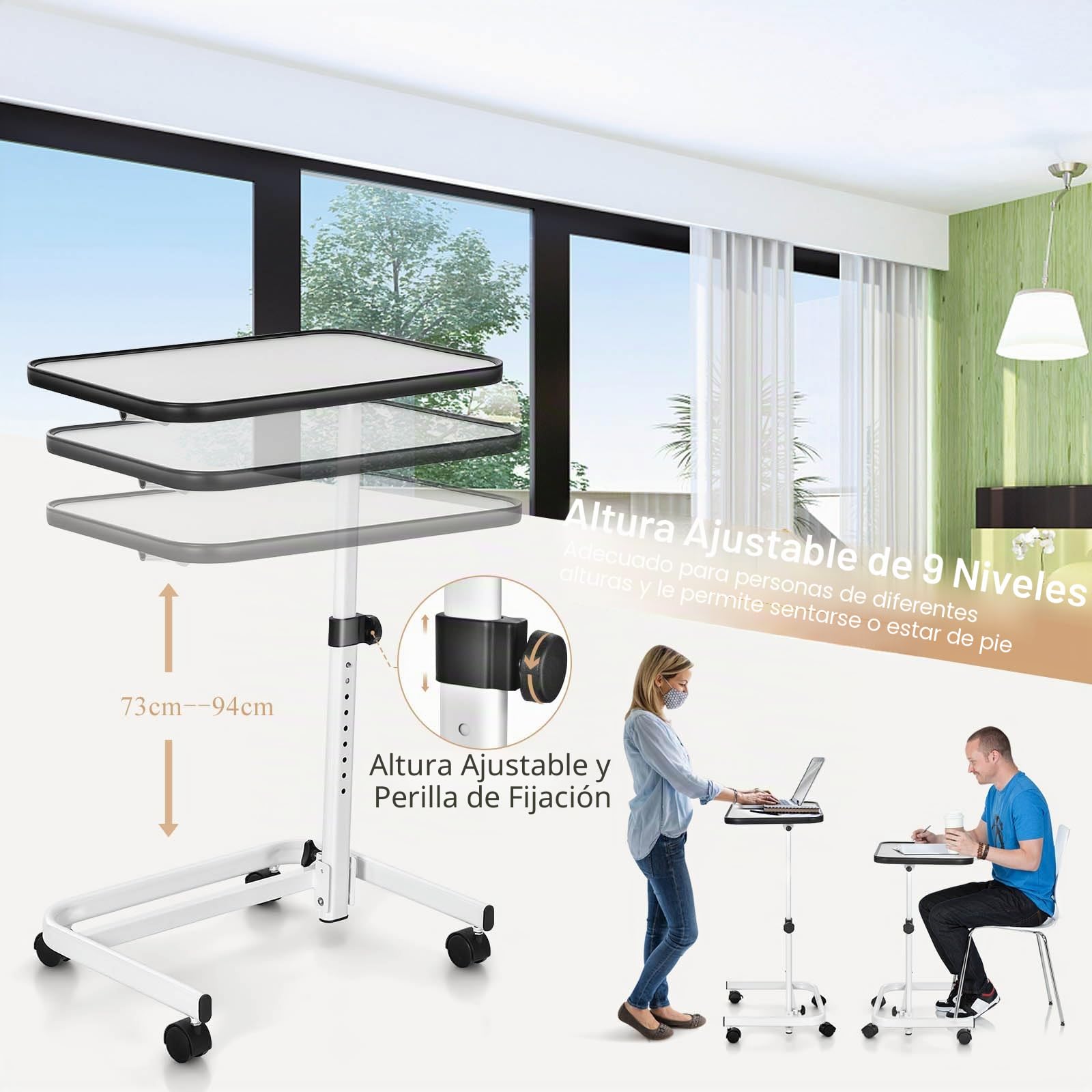 LIFEZEAL mesa Auxiliar con Ruedas, Regulable en Altura, Giratoria, Portátil en Forma de C, para Pacientes, 61 x 40,5 x 73-93 cm (Blanco)més