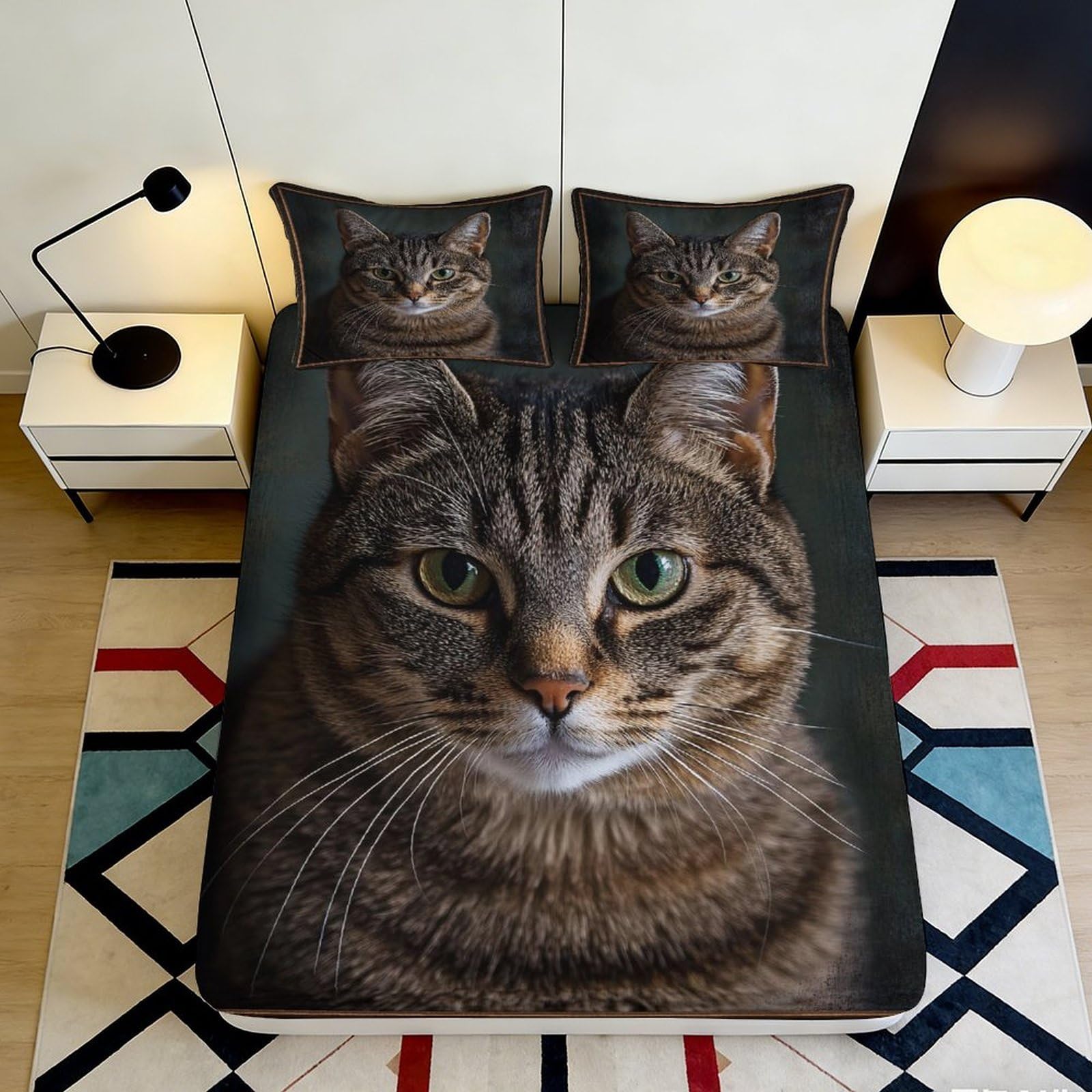 3D Printed Tabby Cat Fitted Sheet Microfiber Non Slip Pet Face Bed Cover for Bedroom Guest Room Mattress Decor 90x200x25cm