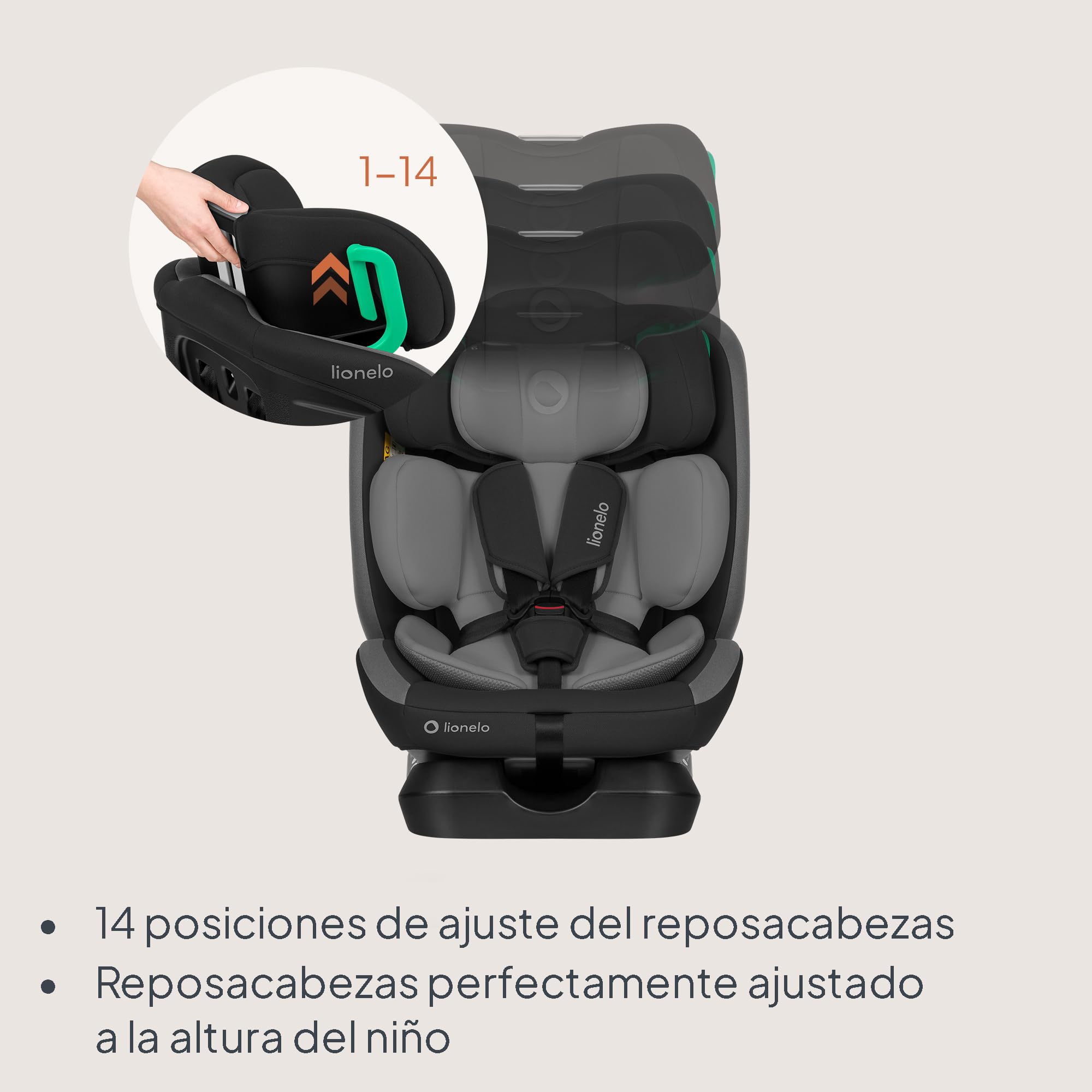 Lionelo Aart i-Size Silla De Coche, Grupo 0/1/2/3, 40-150 cm, 0-12 Años, Instalación Universal Con Cinturón, Reposacabezas Memory Foam Ajustable, a Contramarcha y a Favor de la Marcha, Funda Extraíble