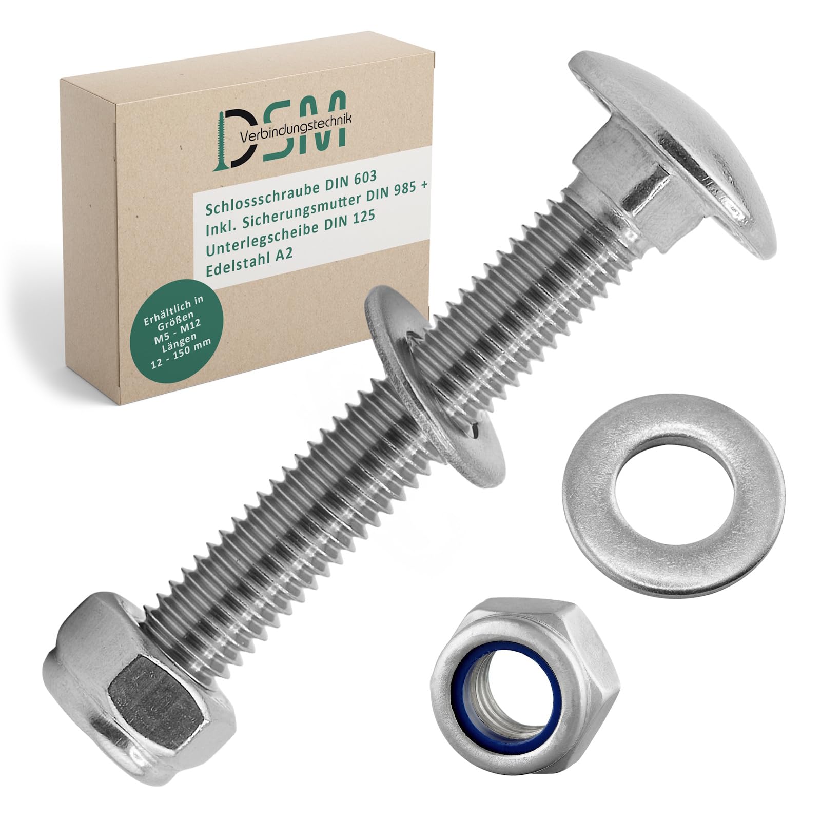 DSM – Lot de 100 vis de fixation M5 x 70 mm selon DIN 603 – Écrou de sécurité M5 DIN 985 & Rondelle DIN 125 – Acier inoxydable A2/V2A – Vis à tête bombée avec embase carrée – Écrous-butées – 100
