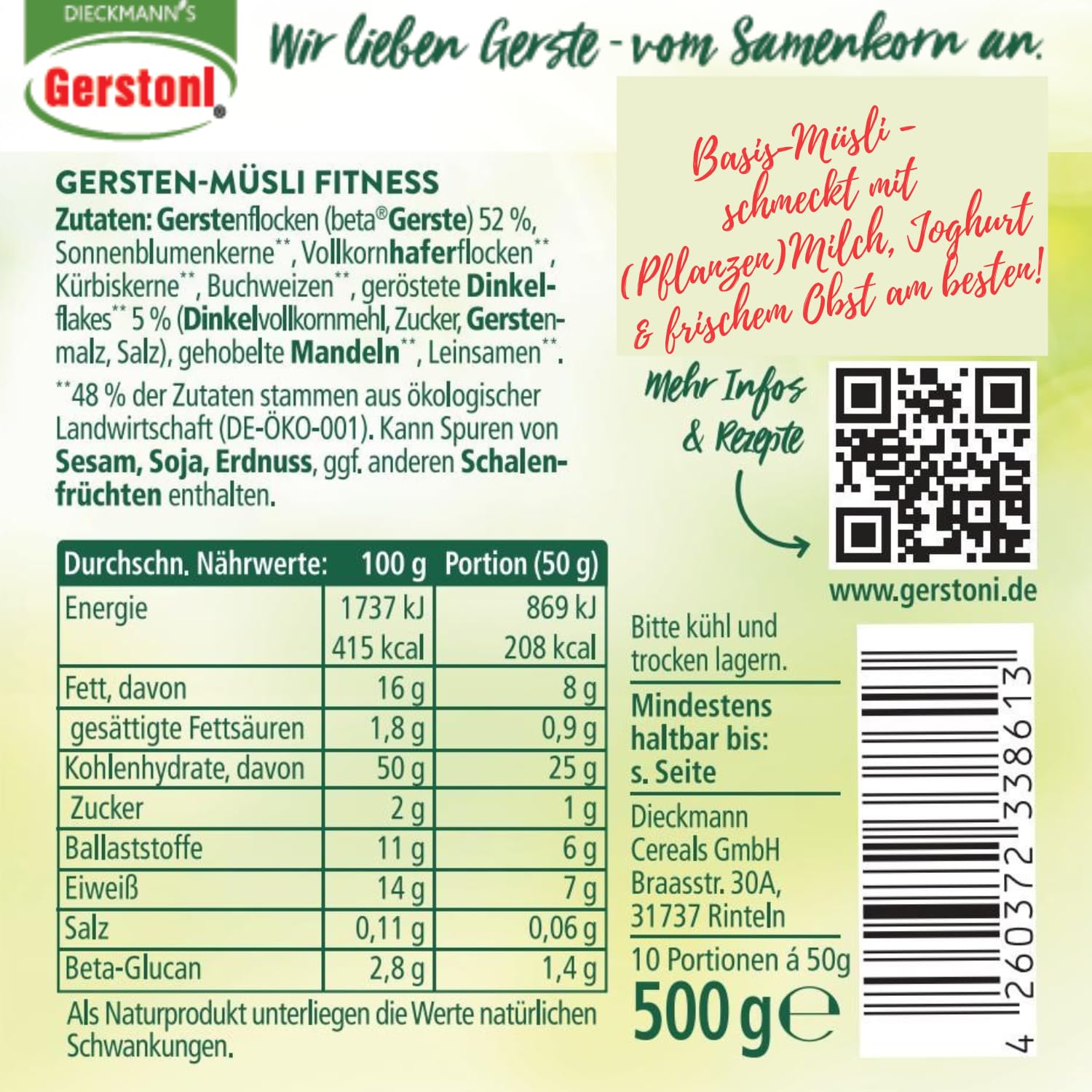 Gerstoni Gersten-Müsli Fitness (18x500g), ZUCKERARM, EIWEISSQUELLE, BALLASTSTOFFREICH mit pflanzlichem Beta-Glucan