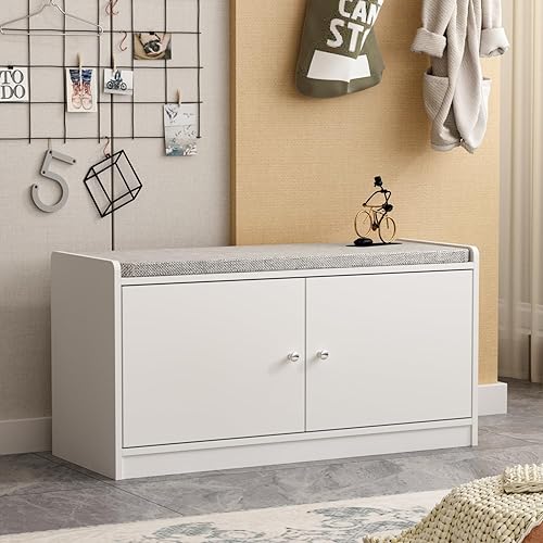Miniatura 7 de AIEGLE Banco de almacenamiento con puerta abatible y 3 compartimentos, moderno banco de entrada con cojín acolchado, banco de zapatos de madera para