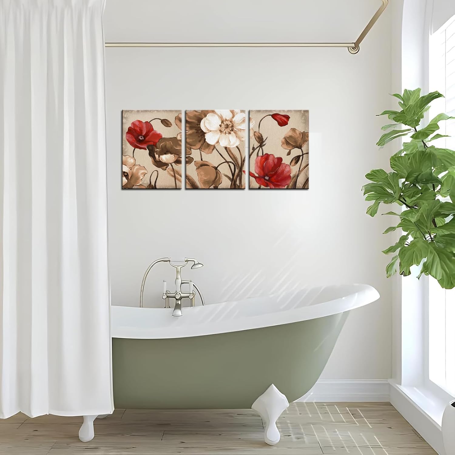 Biuteawal Vintage Wall Art Brown Flowers Painting Bedroom Wall Decor 3 Pieces Canvas Print Brown Blossom Floral Pictures Abstract Artwork Bathroom Living Room Decoration Framed Ready to Hang