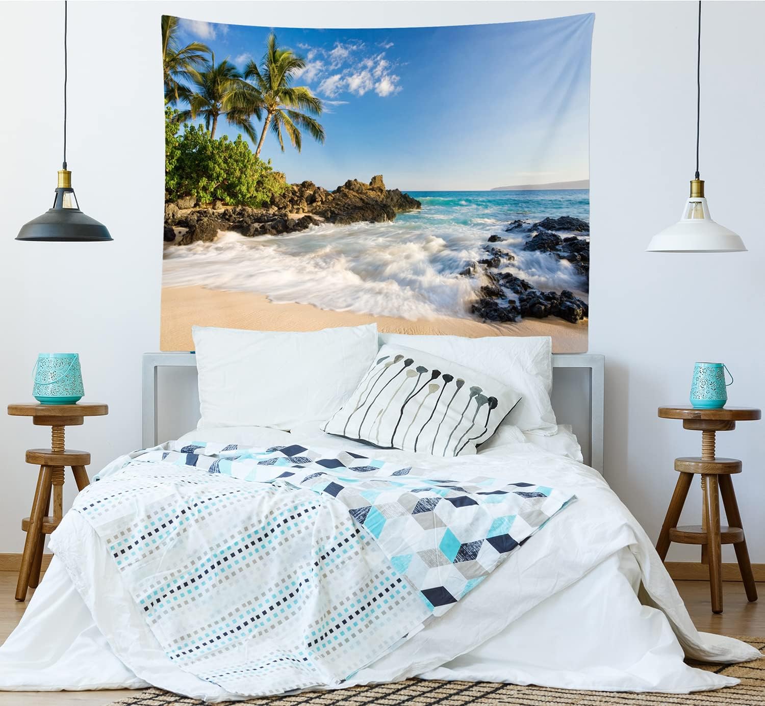 Loccor Beach Tapestry Sandy Beach Shore Waves Palm Trees Rocks Island Tapestry Wall Hanging Tropical Hawaii Wall Art Decor for Living Room Bedroom Dorm Home Decorations（60x40 inch）