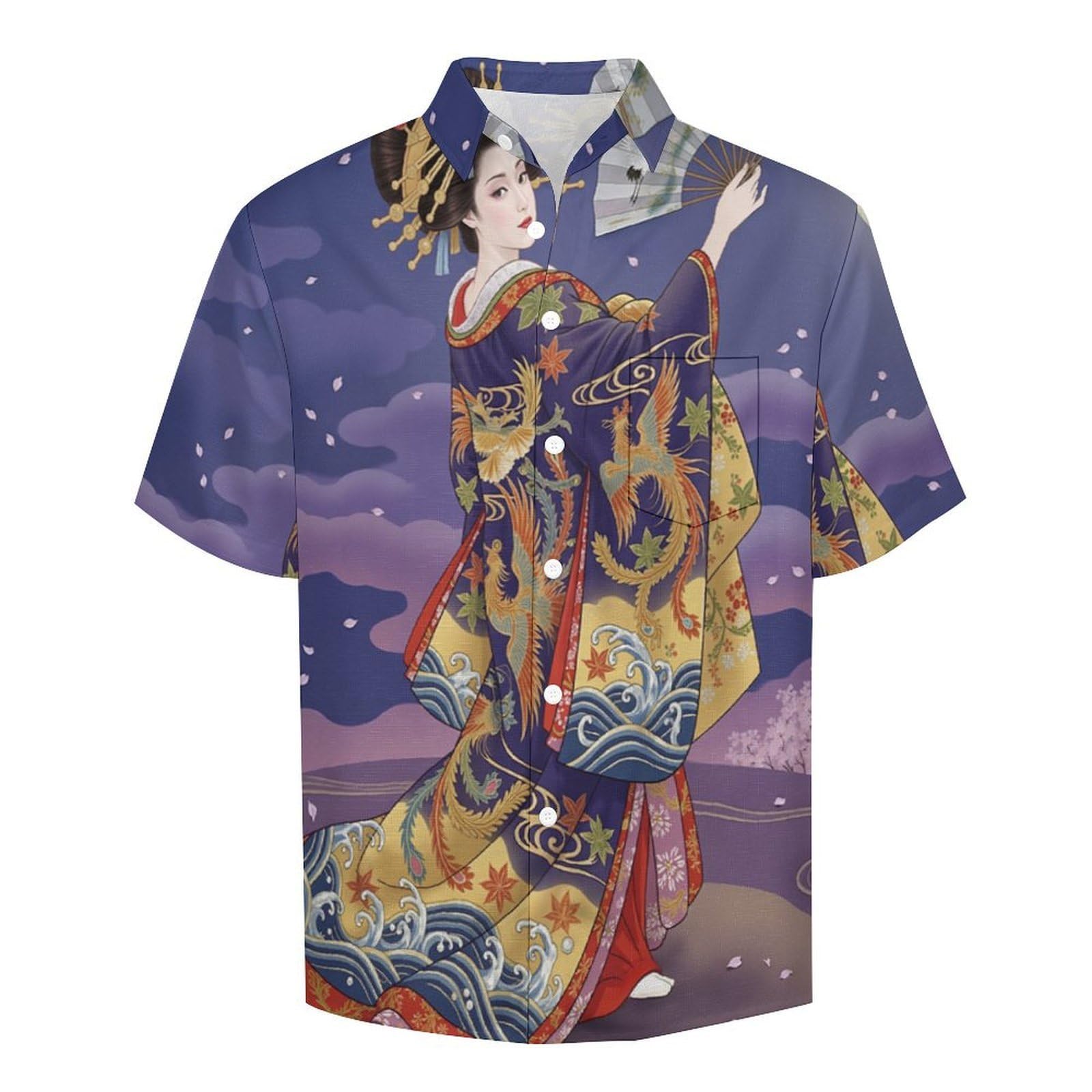 Camicia da Uomo a Maniche Corte Funky, Geisha Tradizione Etnica Giapponese, Aloha Camicias Estiva per la Spiaggia, vestibilità Normale con Bottoni, per Libero Vacanze