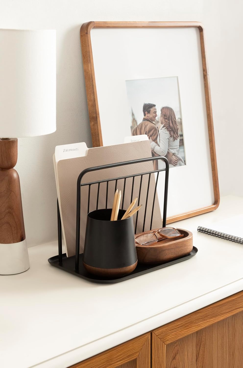 Kate and Laurel Koni Modern Three-Piece Home Office Organization Set, 13 x 8 x 9, Walnut Brown and Black, Wood and Metal Organizational Set for Office with File Folder Holder