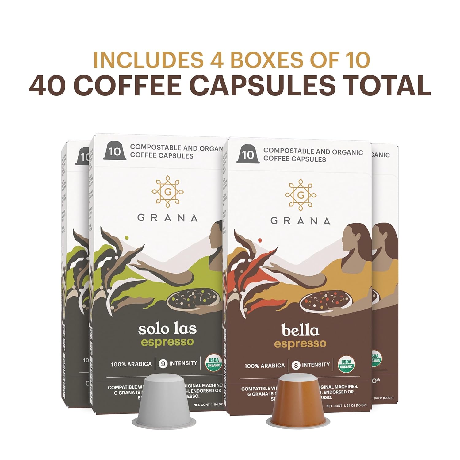 G GRANA Coffee Pods, Compatible with Nespresso OriginalLine, 40 Count, Medium and Dark Roast, USDA Organic 100% Arabica Single Source Specialty Coffee, Compostable Single Serve Capsules