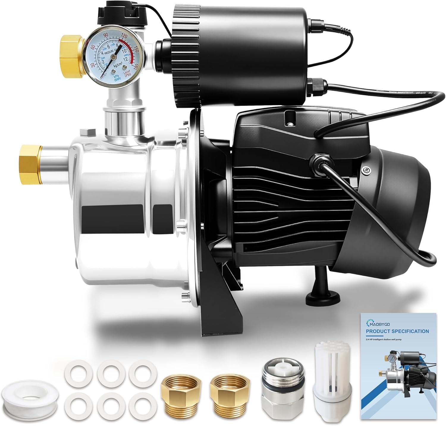 3/4 HP Shallow Well Pump with Pressure Tank, 1050 GPH Stainless Steel Self-Priming Water Pressure Booster Jet Pump, Auto ON/OFF Dual Sensor Flow & Pressure Switch for Whole House, Garden, Lawn