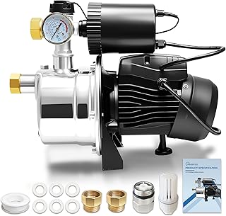 3/4 HP Shallow Well Pump with Pressure Tank, 1050 GPH Stainless Steel Self-Priming Water