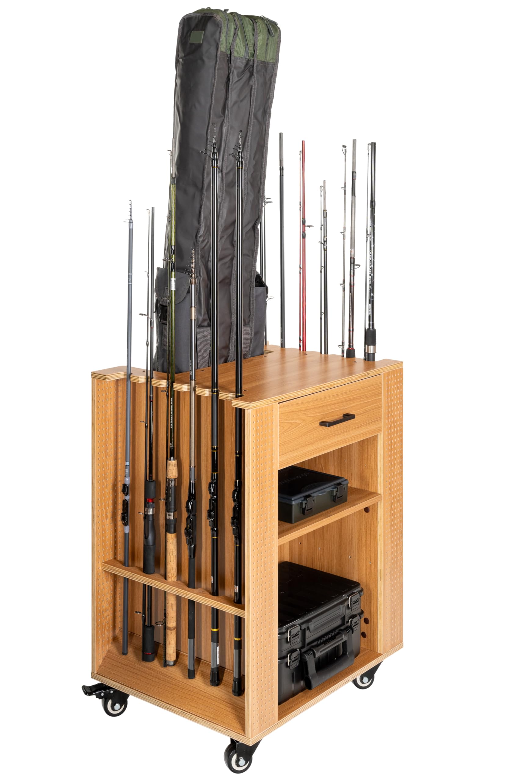 Tackley Angelschrank zur Aufbewahrung von Angelausrüstung, 65x50x84,5 cm, Farbe Kiefer, Halter für 12 Angelruten, optionale Halter für bis zu 8 