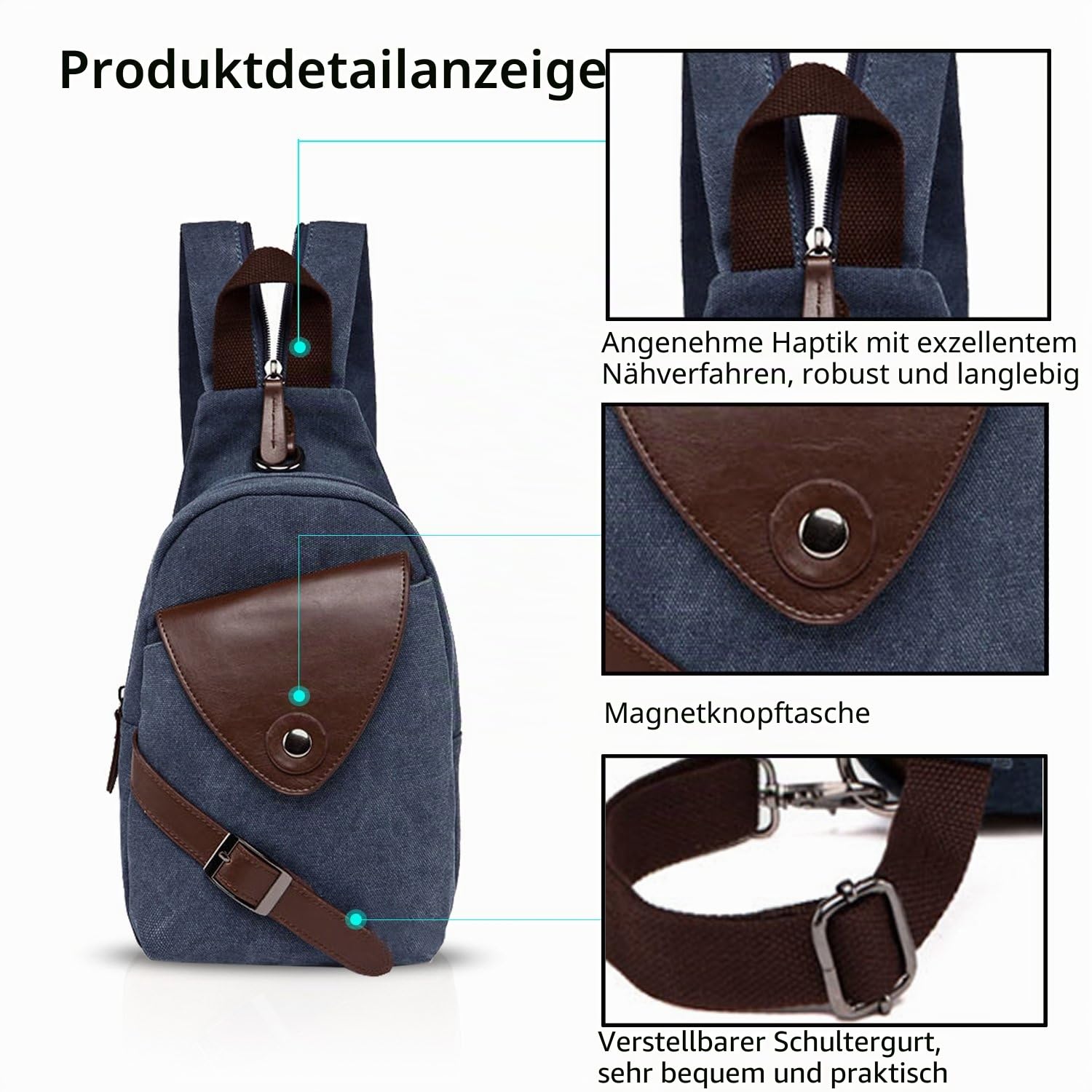 FANDARE Klassische Sling Bag Sport Rucksack Party Outdoor Tragbare Crossbody Tasche Damen/Herren Breathable Verschleißfeste Leinwand Blau