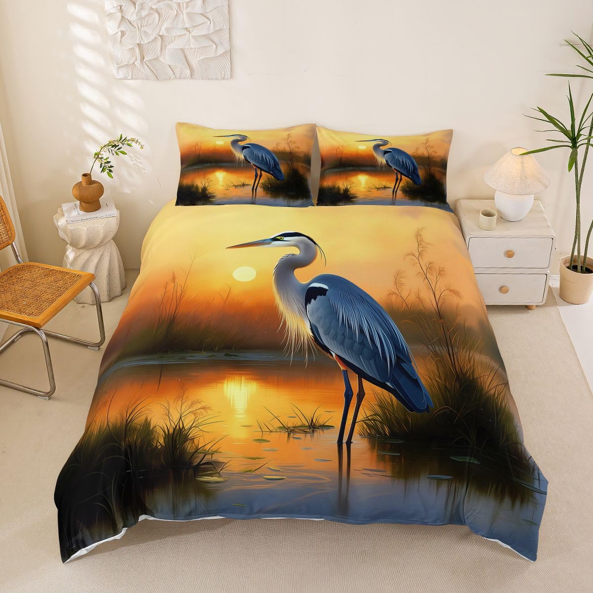 Housse de couette héron bleu 200x200 pour chambre enfant calme