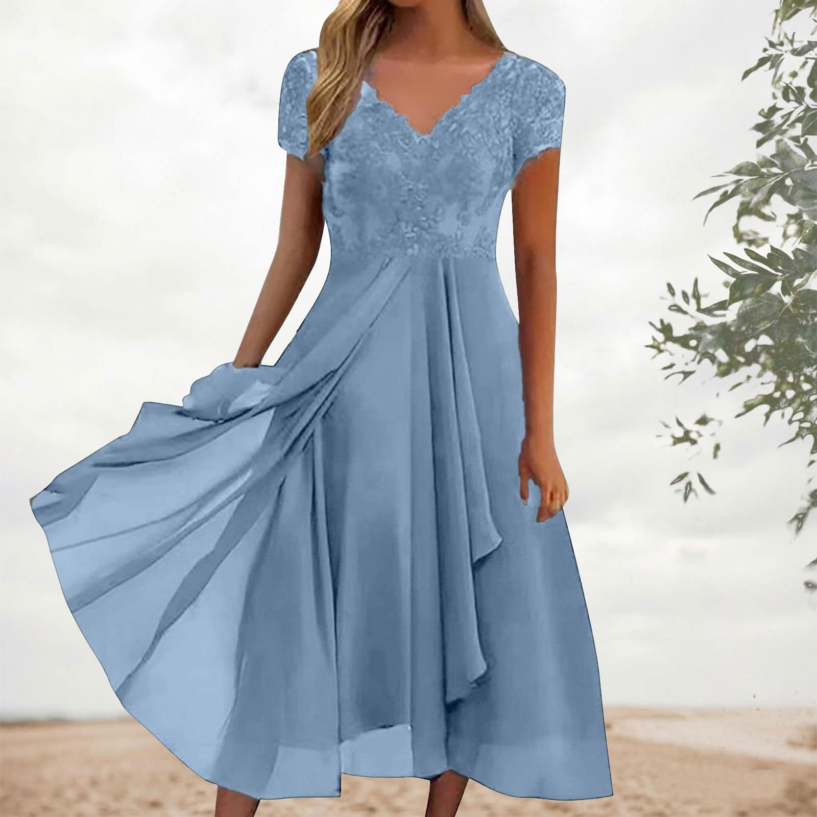 Generisch Kleid Damen Elegant Festliche Kleider für Hochzeitsgast Cocktailkleid Frauen Spitze Chiffon Halbarm Abendkleid Brautjungfer Kleid Damen Festlich Outfit Ballkleid Party Abend Feier Formell