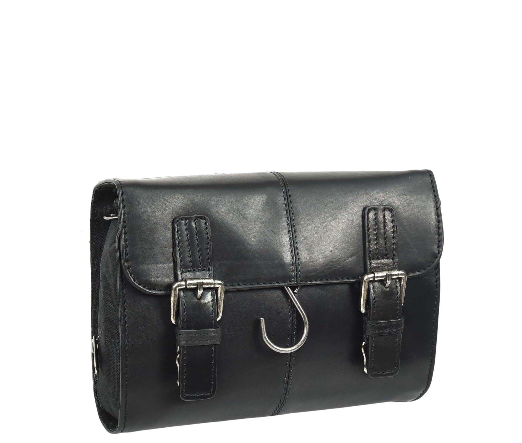 Neceser colgante de piel auténtica para hombre, hecho a mano, para viajes, para la noche, Black, H: 17 x L: 23.5 x W: 7 cm, Neceser