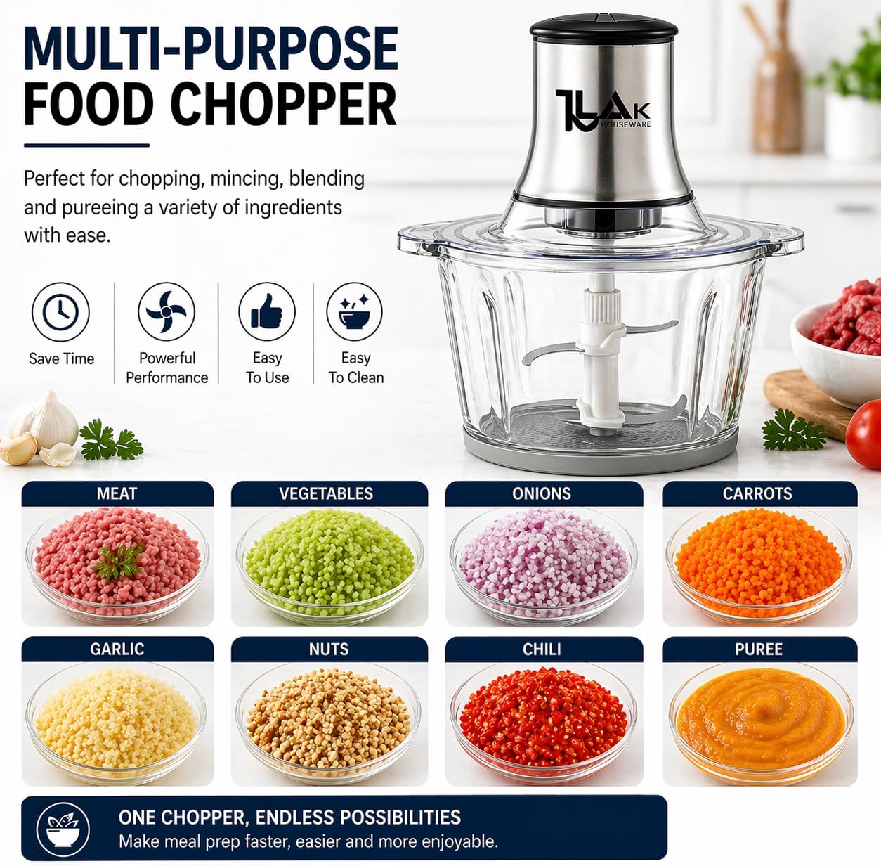 Food Processor, Electric Food Chopper with Meat Grinder & Vegetable Chopper - 3L Glass Bowl (12 Cups) Capacity with 300W Motor, 4 Large Sharp Blades 2 Speed for Fruits/Salads/Nuts/Meat