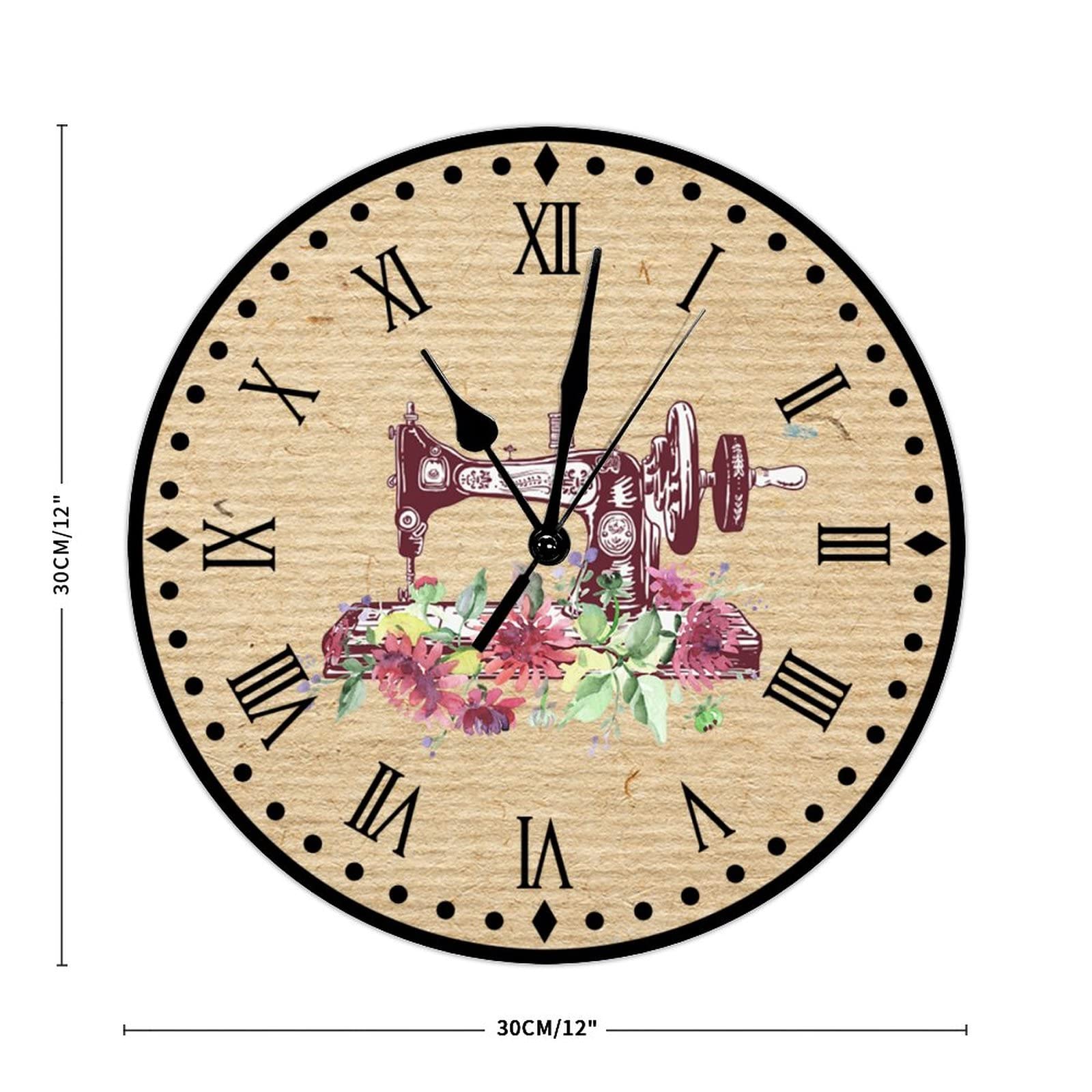 Floral Sewing Machine Wooden Clock Sewing Theme Round Wall Clock 12inch Artistic Silent Non-Ticking Battery Operated Wood Print Hanging Clock for Living Room Home Bedroom Craft Room Decor