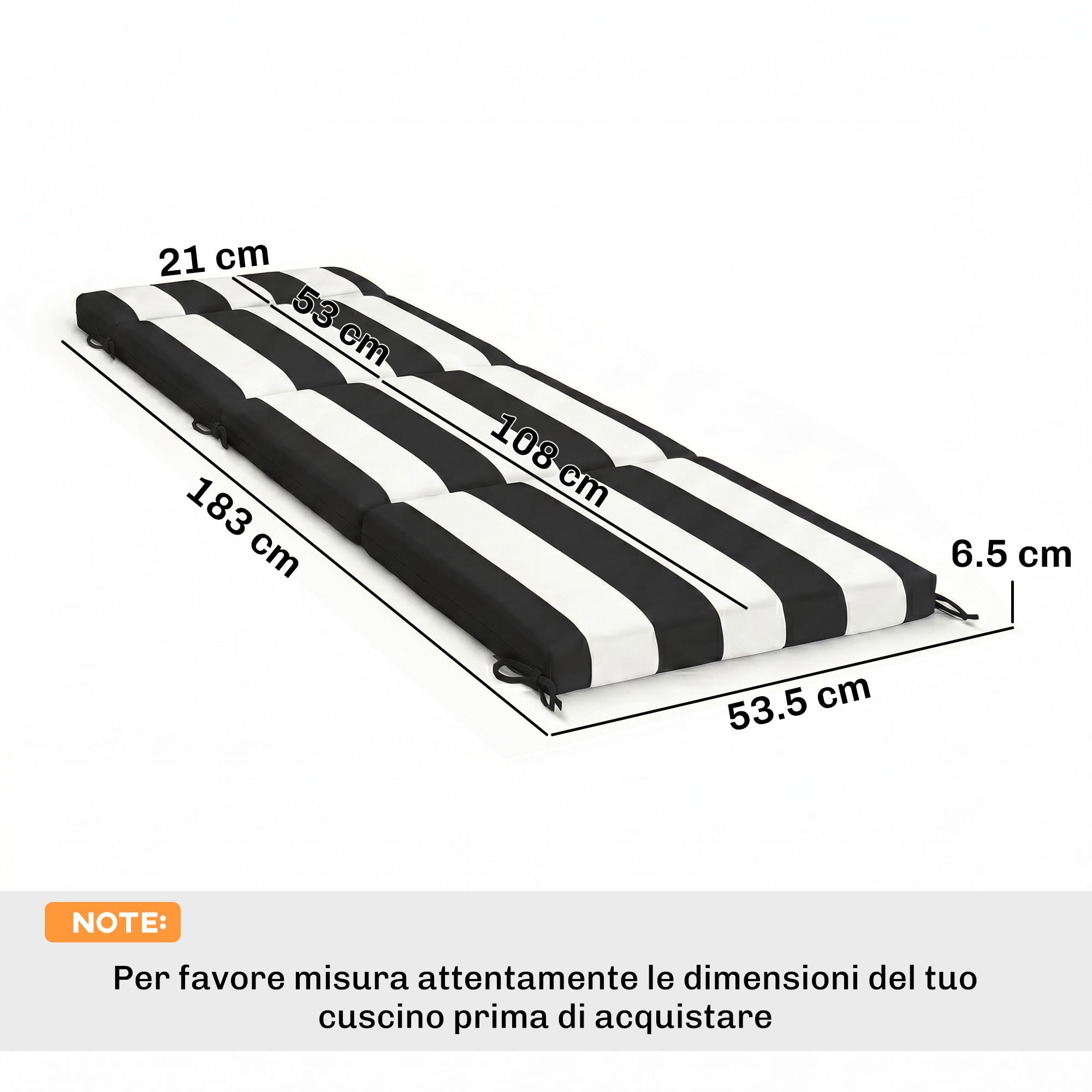 Outsunny Set 2 Cuscini per Sedie da Esterno con 6 Lacci di Fissaggio, Cuscini da Esterno Imbottito in Poliestere, per Sdraio Prendisole Giardino Patio, 183x53.5x6.5 cm, UV30+, Nero e Bianco
