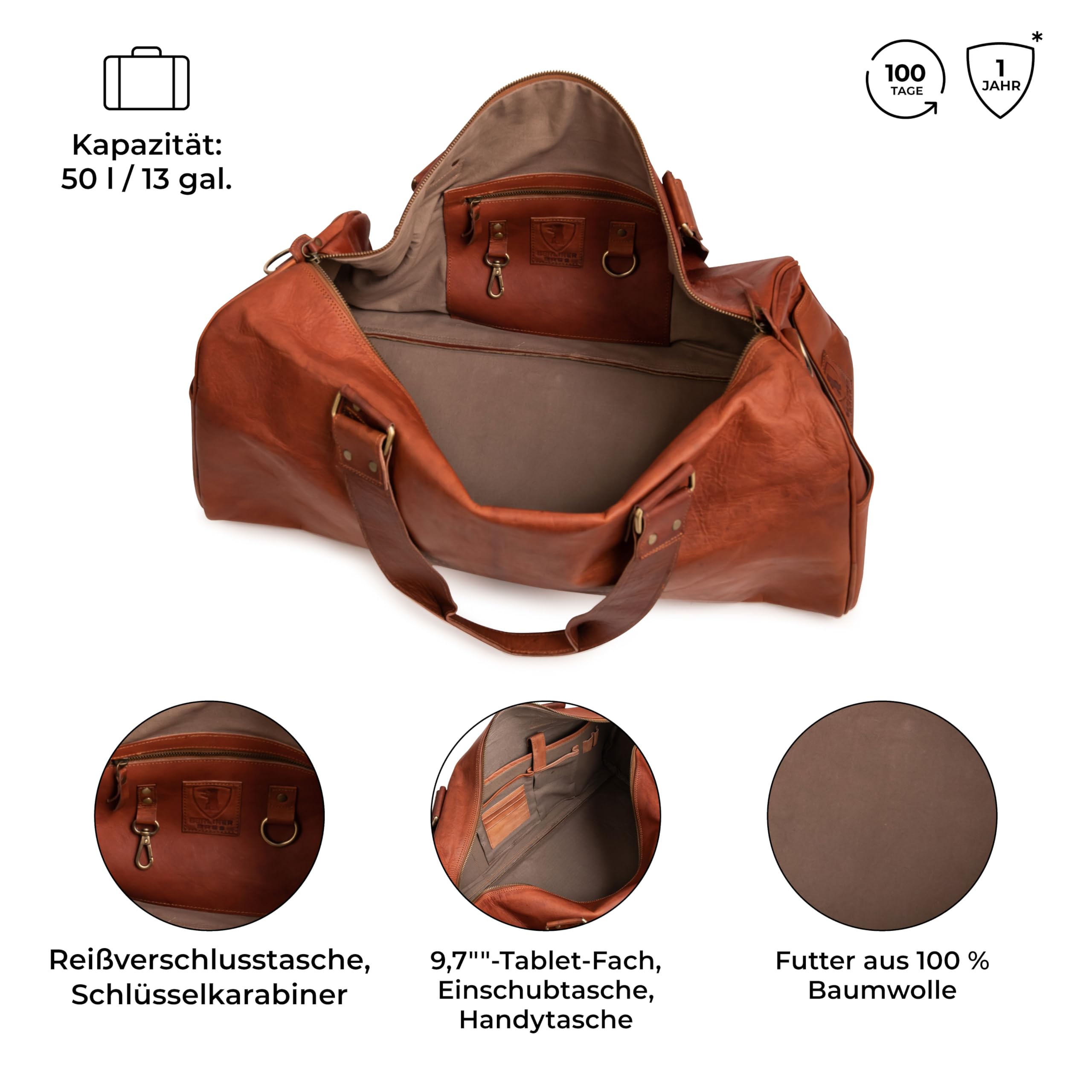 Berliner Bags Vintage Weekender Oslo wasserdichte Reisetasche aus Leder Duffel Bag 50L Braun
