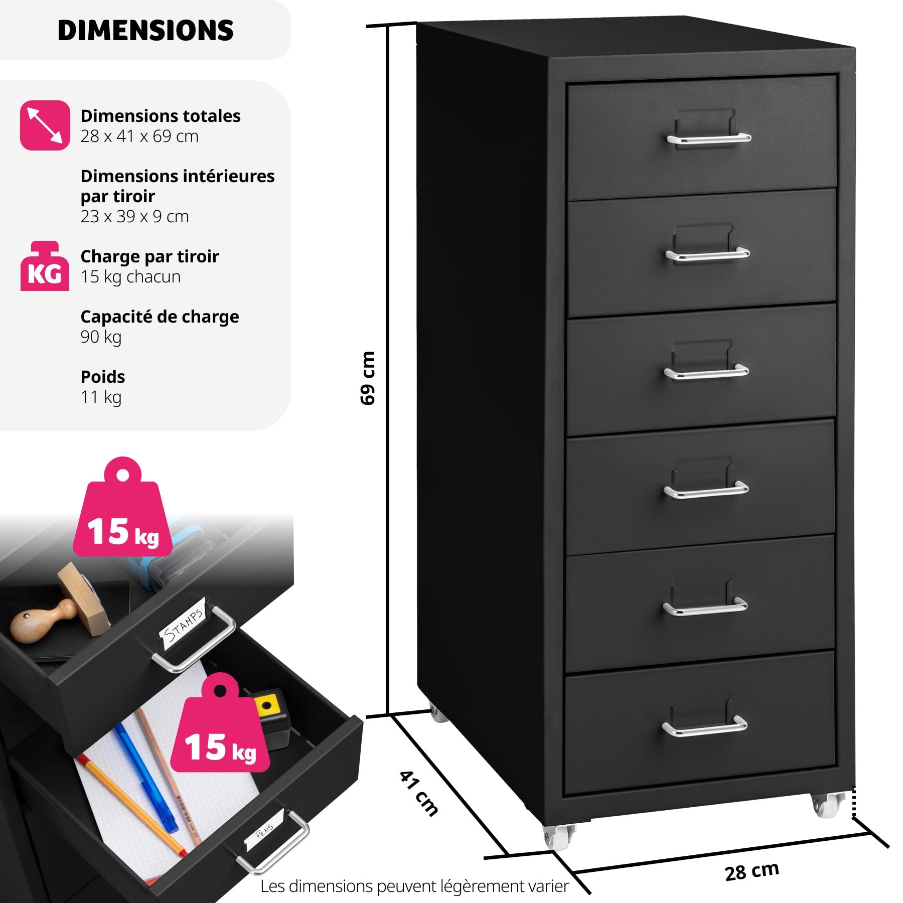 tectake® Caisson de Bureau Métallique Industriel 41 x 28 x 69 cm - Meuble de Rangement avec 6 Tiroirs pour Papier Administratif
