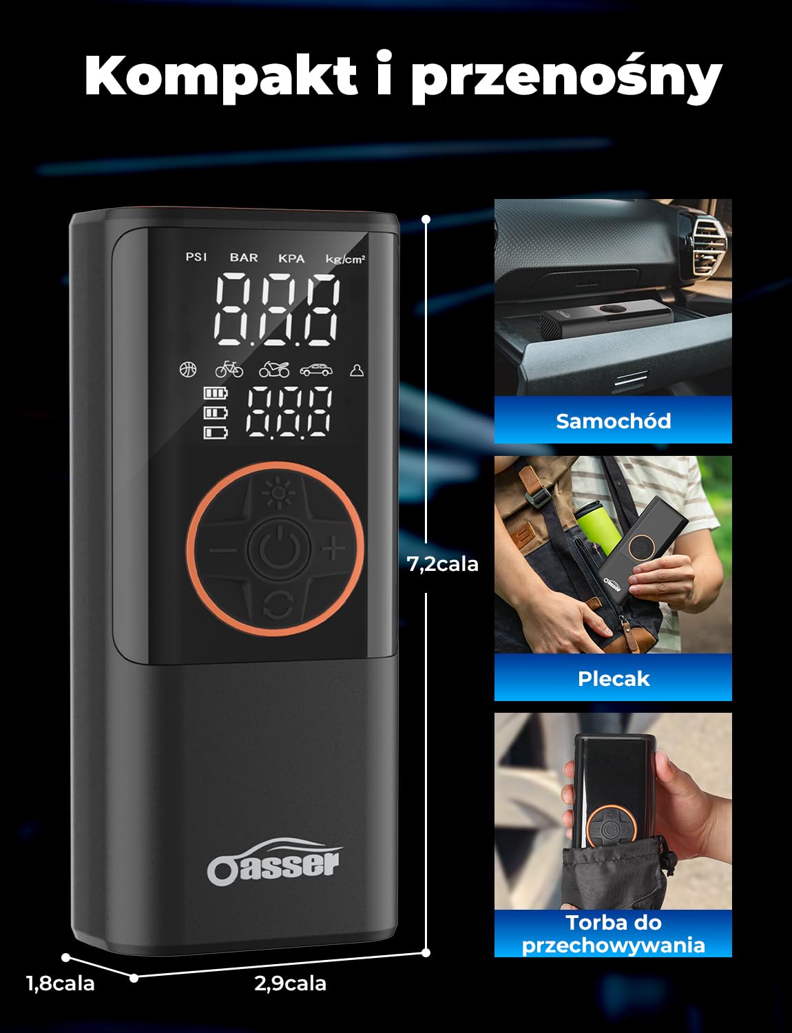 Oasser Przenośna Pompa 6000mAh z Podwójnym Wyświetlaczem Preset Pressure AutoStop 150PSI Do Opony/Rower/Motocykl 3M Kabel do Zapalniczki i Torba