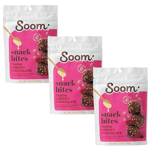 Soom Foods Tahini - Bocadillos de chocolate con cereza y dátiles, paquete de 3 (100% natural Bocadillo o postre energético saludable Sin azúcar