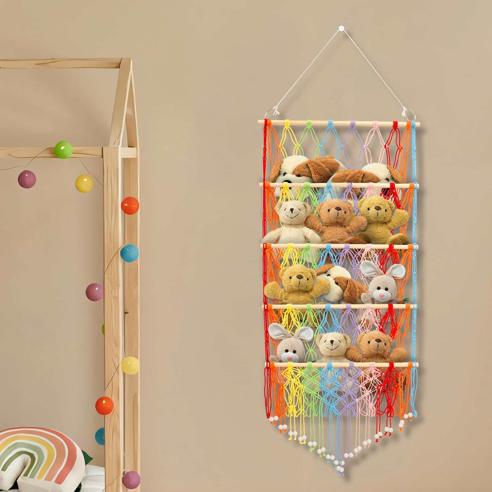 PandaHug Bohemian Style 4-Layer Large Capacity Stuffed Toy Storage Hammock Toy Organizer with 2 Hooks for Kids Baby Nursery Wall Bedroom Room Decor