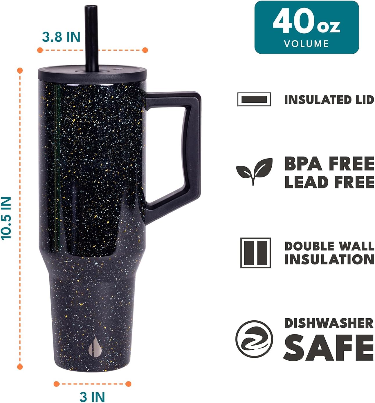 Elemental 40 oz Tumbler with Handle and Straw - Spill Proof Insulated Stainless Steel Commuter for Hot and Cold Beverages - Travel Coffee Mug with 2 Straws & Spill Proof Lid - 40oz - Black Speckle - Image 2