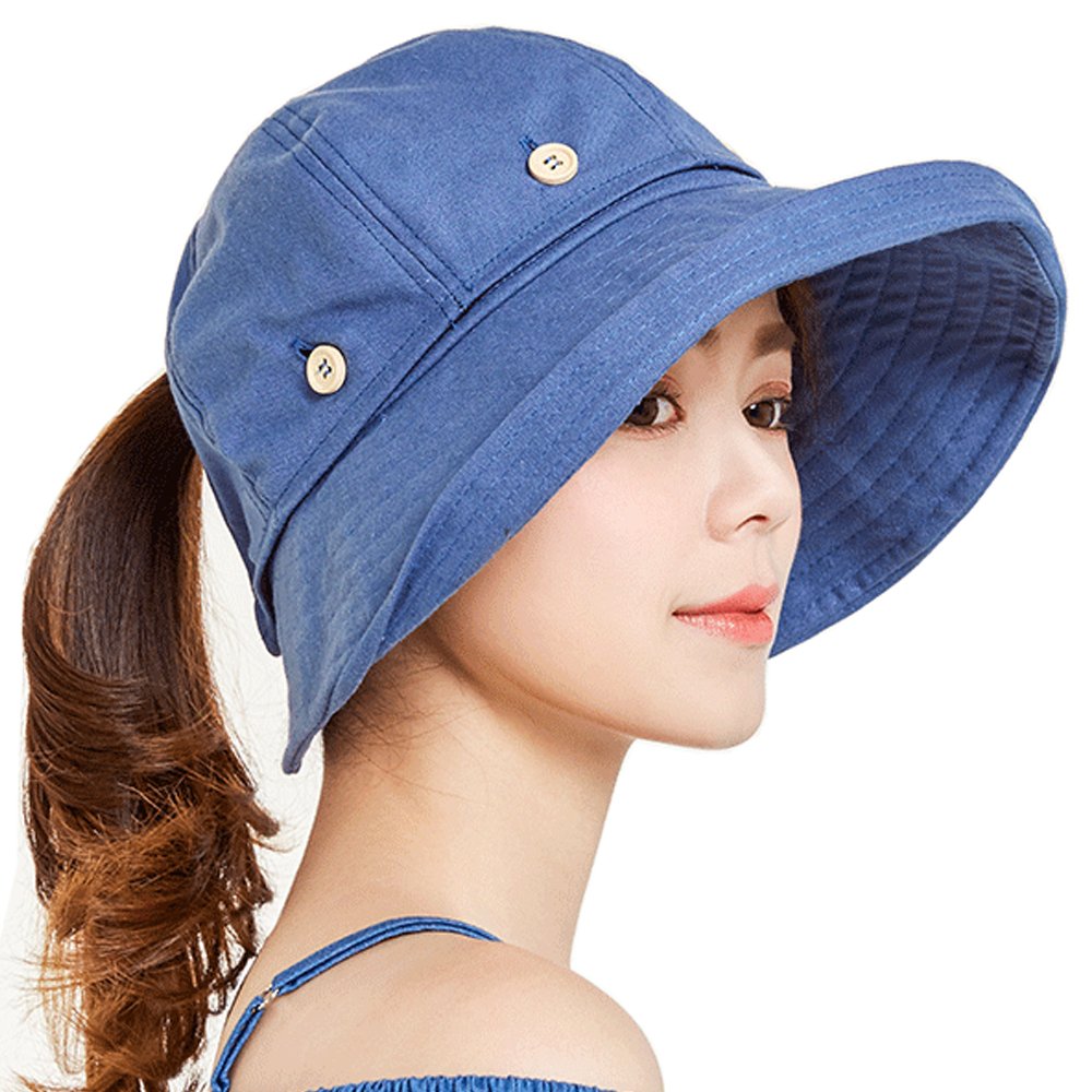 Summer Sun Hats Outdoor UV Protection Wide Large Brim Beach Visor Empty Top Caps for Women Blue