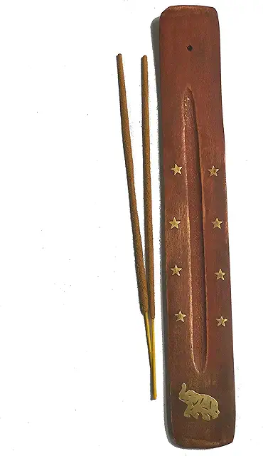Porte-encens traditionnel indien en bois de manguier 25cm - Incrustations laiton doré