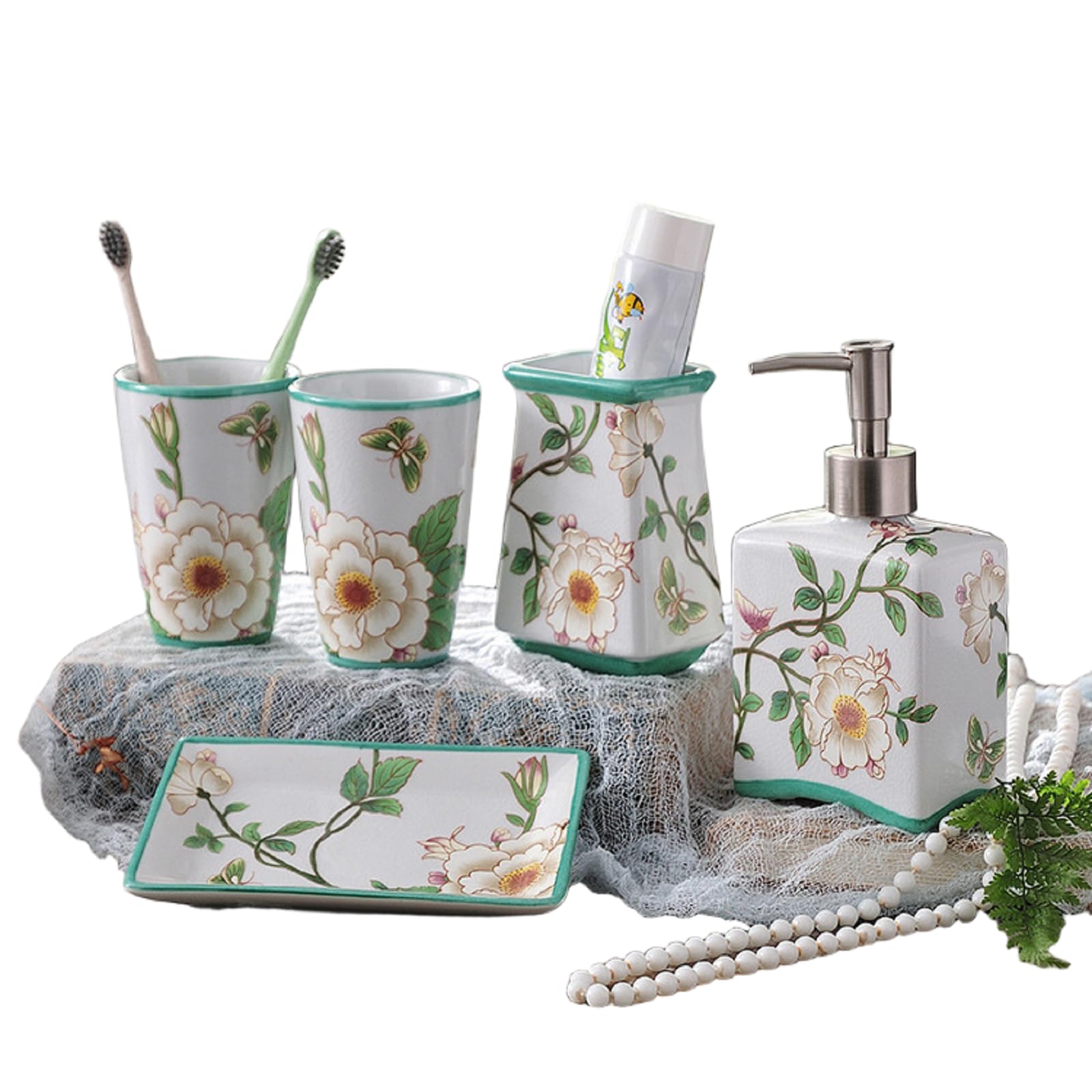 Zestaw ceramicznych akcesoriów łazienkowych 5 elementów Dekoracyjny zestaw łazienkowy z motywem kwiatowym Uchwyt na szczoteczki do zębów, dozownik mydła w płynie i mydelniczka