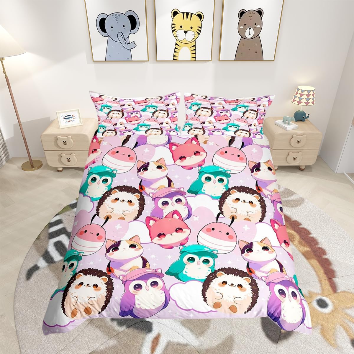 richhome Owl Duvet Cover Super King Size Cartoon Owls Design Bedding Set for Boys Girls Bird Decor Comforter Cover Bedroom Decor 3Pcs Zipper Closure with 2 Pillowcase