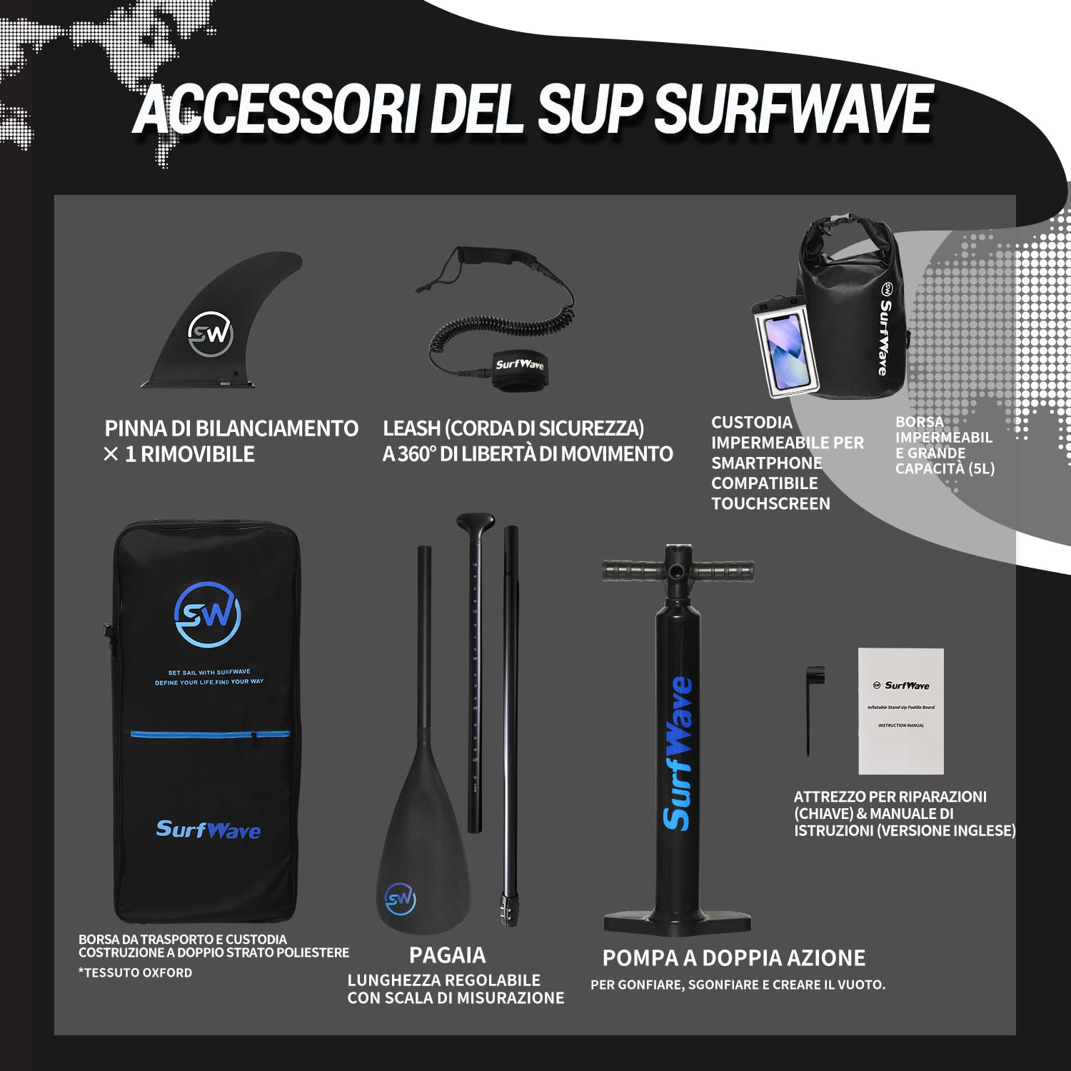 Stand Up Paddle Gonfiabile Sup Gonfiabile Adulti con Accessori Premium Pagaia Regolabile, Pompa A Mano, Pinna, Guinzaglio, Kit Di Riparazione, Zaino