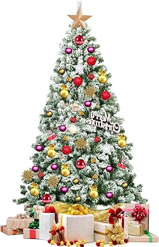 Happygrill Árbol de Navidad artificial con bisagras de 6 pies, pino flocado con soporte de metal sólido, árbol de Navidad para interiores y