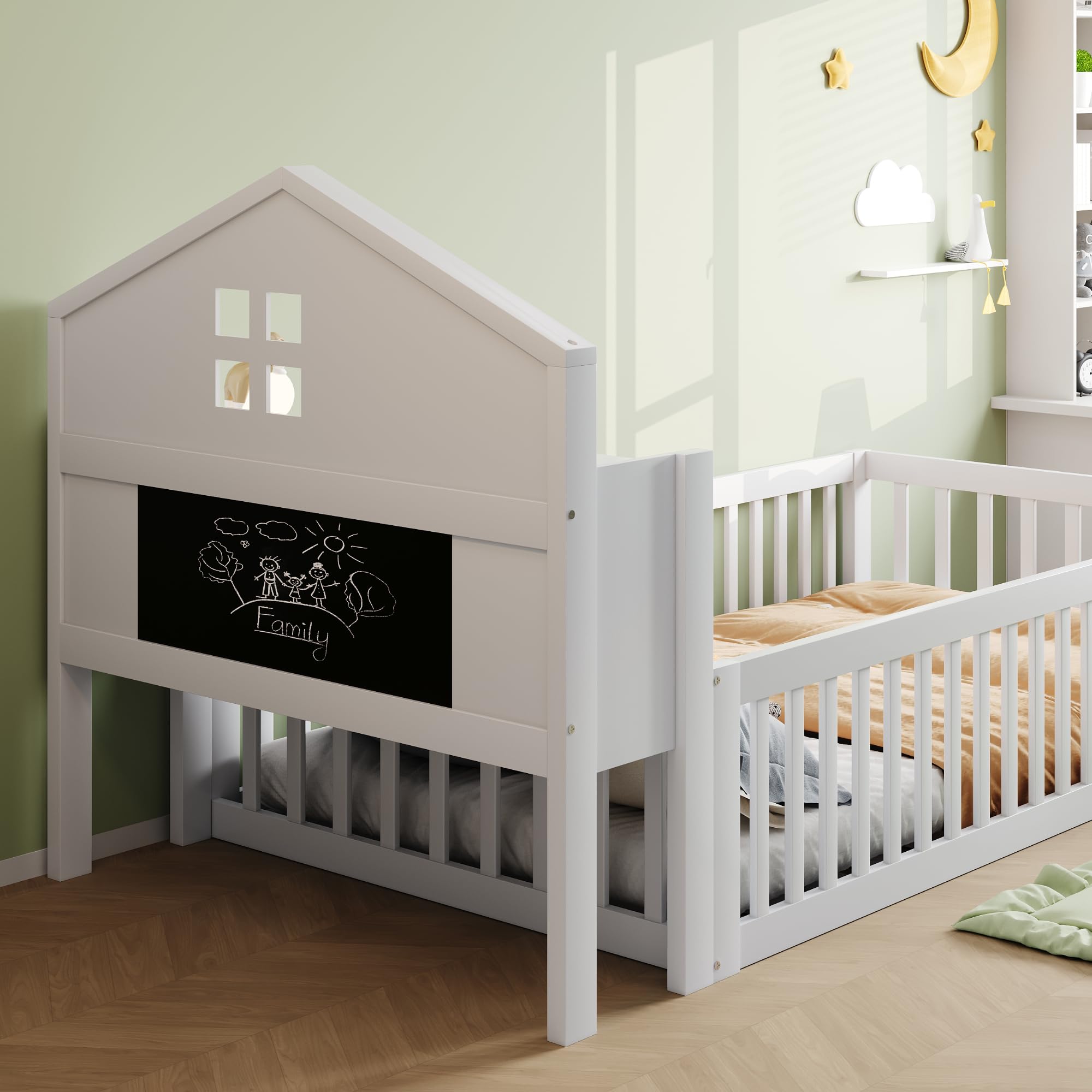 Kinderbett Bodenbett 90x200 cm mit Rausfallschutz&Lattenrost&Tür &Stauraum-Kopfteil&Tafel, Montessori Bett Bed Gitterbett Hausbett Kinder Jugendbett Einzelbett Holzbett Bettgestell, Massivholz, Weiß