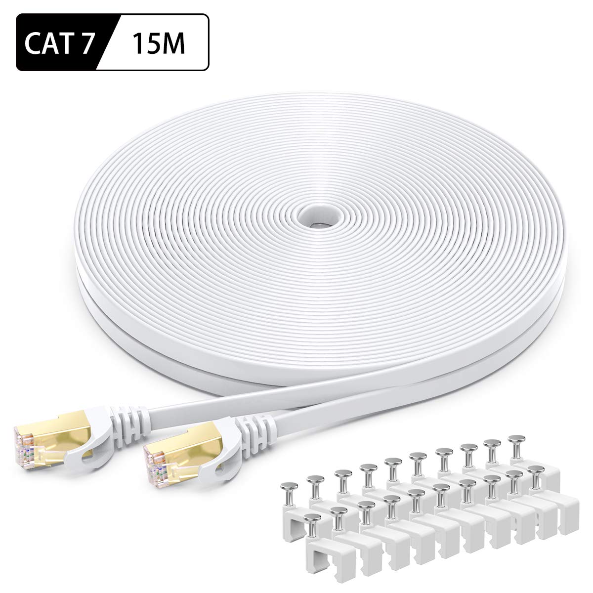 BUSOHECat 8 Ethernet Cable 15m, High Speed Flat Gigabit RJ45 Lan Network Cable, 40Gbps 2000Mhz Internet Patch Cord Compatible with Router, Modem, PC, Laptop, Printer (White)