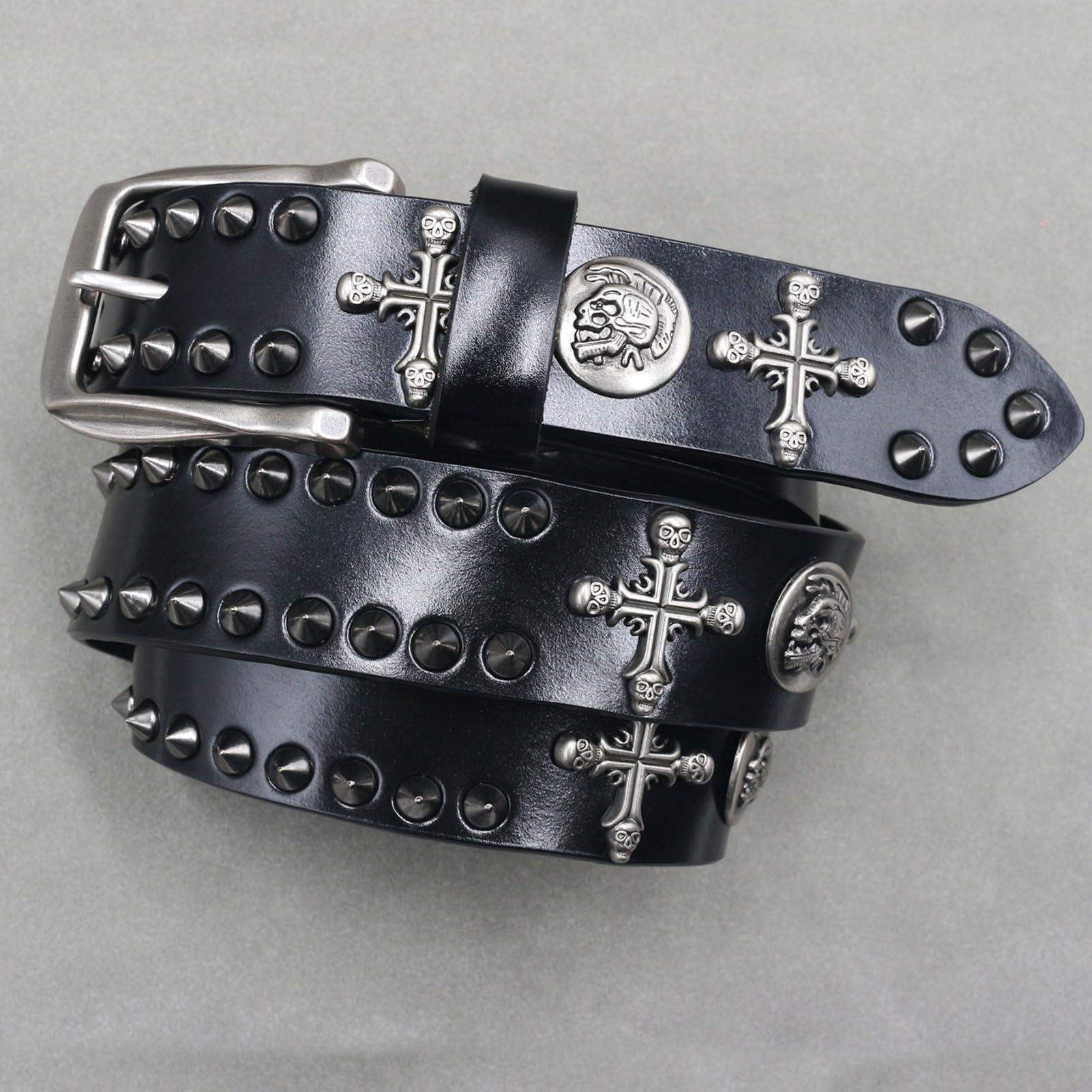 Cintura Borchiata Da Uomo E Donna - Stile Punk Rock Gotico In Similpelle, Cinturino In Vita Con Teschio, Croce, Punte Coniche Borchie A Vite