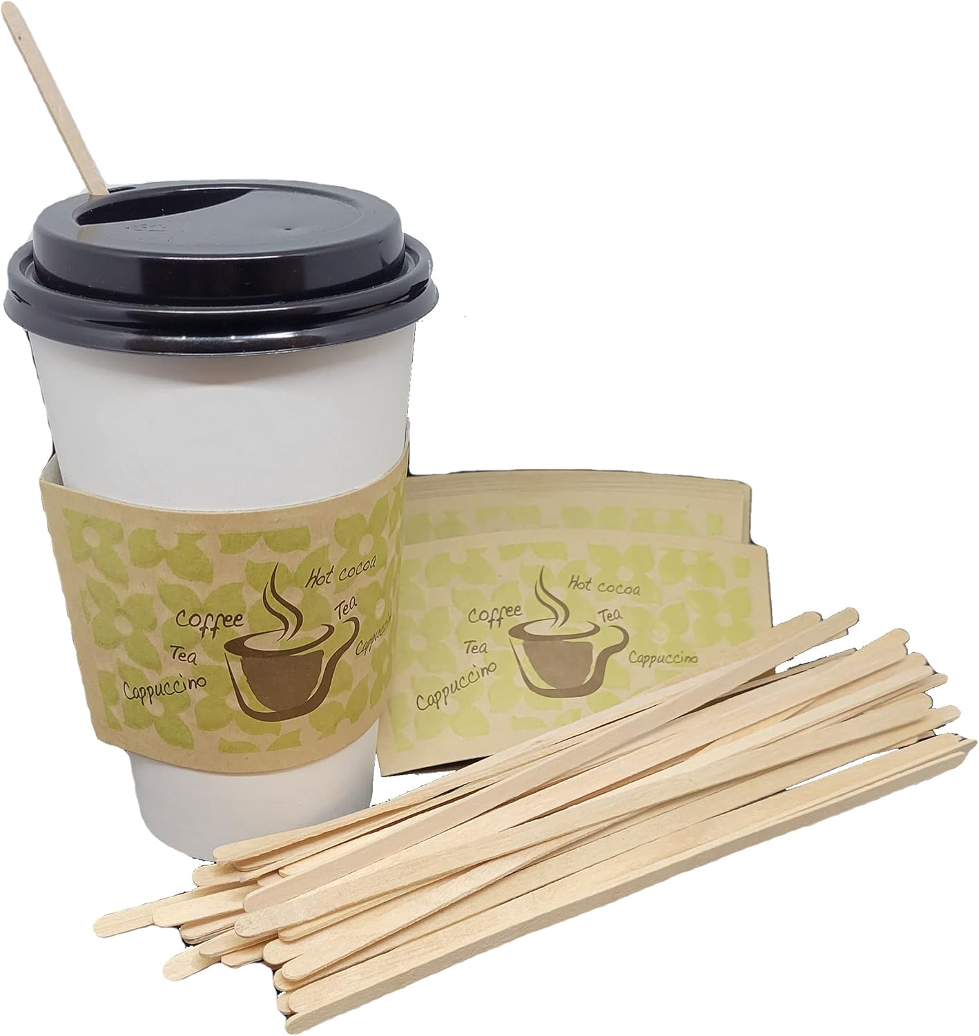 16 oz Disposable Paper Coffee Cups with Lids, Sleeves and Stirrers 100 sets