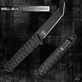 AUBEY Tanto Blade EDC Knife, 440 Steel Pocket Folding Knife with Liner Lock, Clip, Aluminum Handle and Glass Breaker, Nice Gift for Men Women (Black)