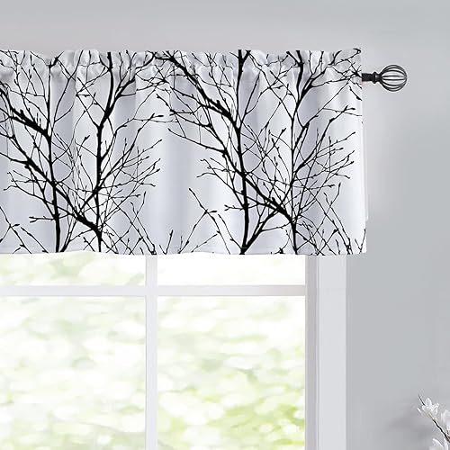 FMFUNCTEX Cortina de cenefa 100% opaca en blanco y negro para cocina, baño, 18 pulgadas de largo, estampado de ramas de árbol, sala de estar,