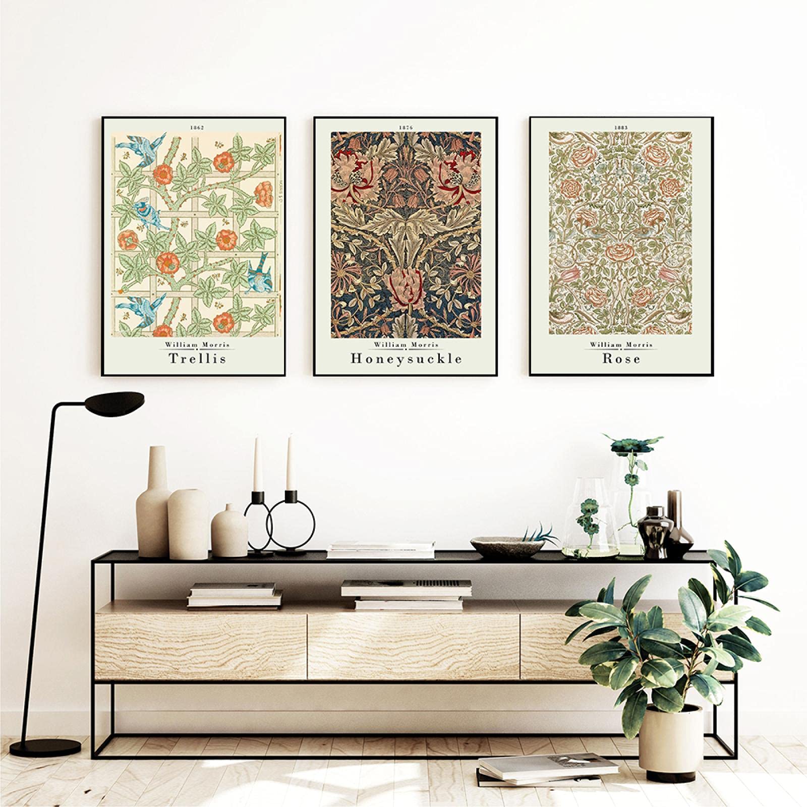 SDVIB William Morris Stampa su Tela Colore Fiore Rosa Foglia Museo Mostra Poster London Underground Art Nouveau Pittura Decorazione della Parete 70x100cm-3Pieces Frameless