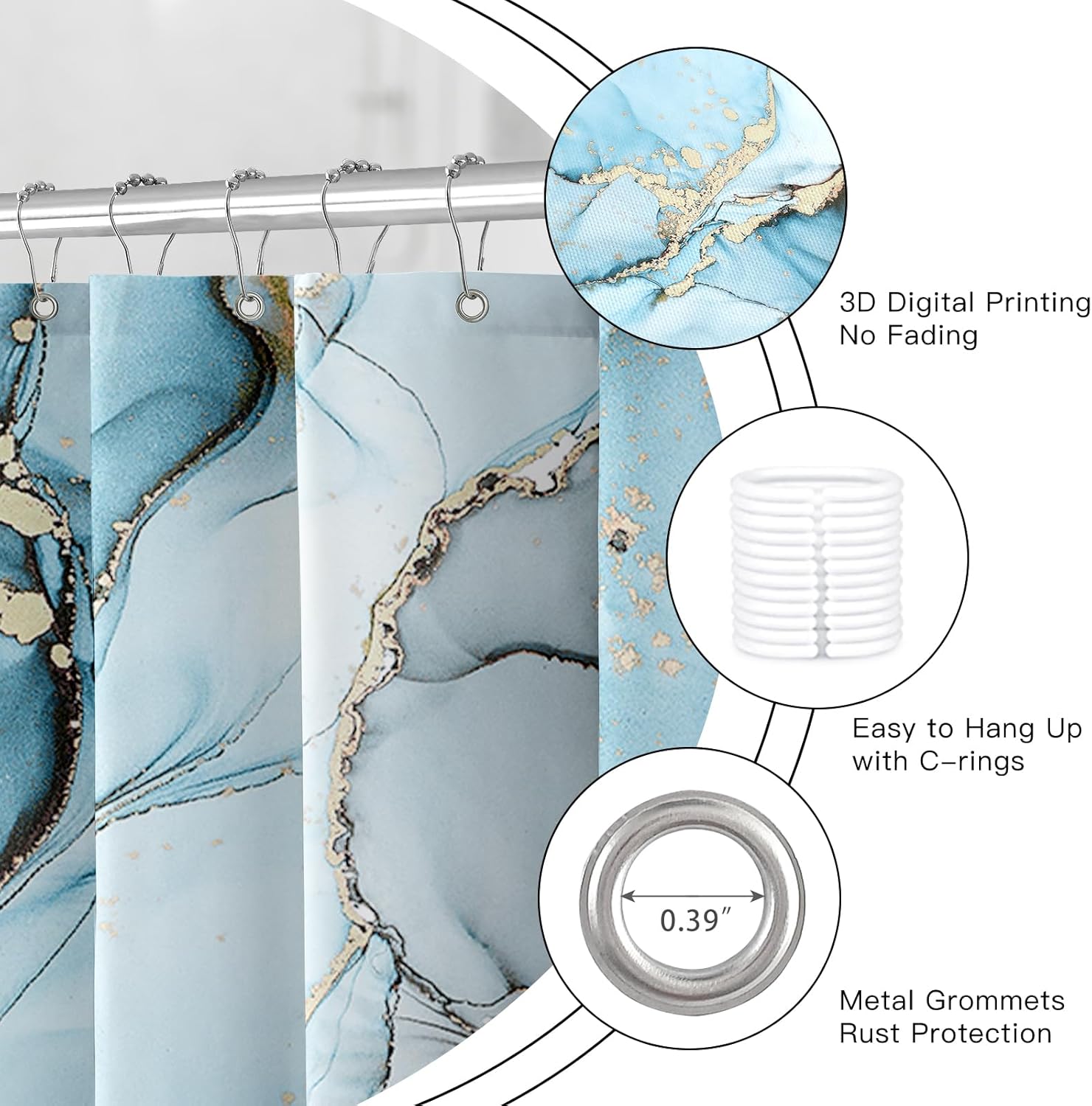 4PCS Aqua Blue Marble Shower Curtain Sets with Rugs, Abstract Bathroom Sets with Shower Curtain and Rugs, Modern Bathroom Curtains Shower Set with Toilet Lid Cover for Luxury Bathroom Decor