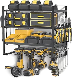 Mfancy 4-Tier Power Tool Organizer with Side Hooks, Wall Mount Drill Holder - Perfect for 4 Drills, 42x20x35cm, Space-Savi...