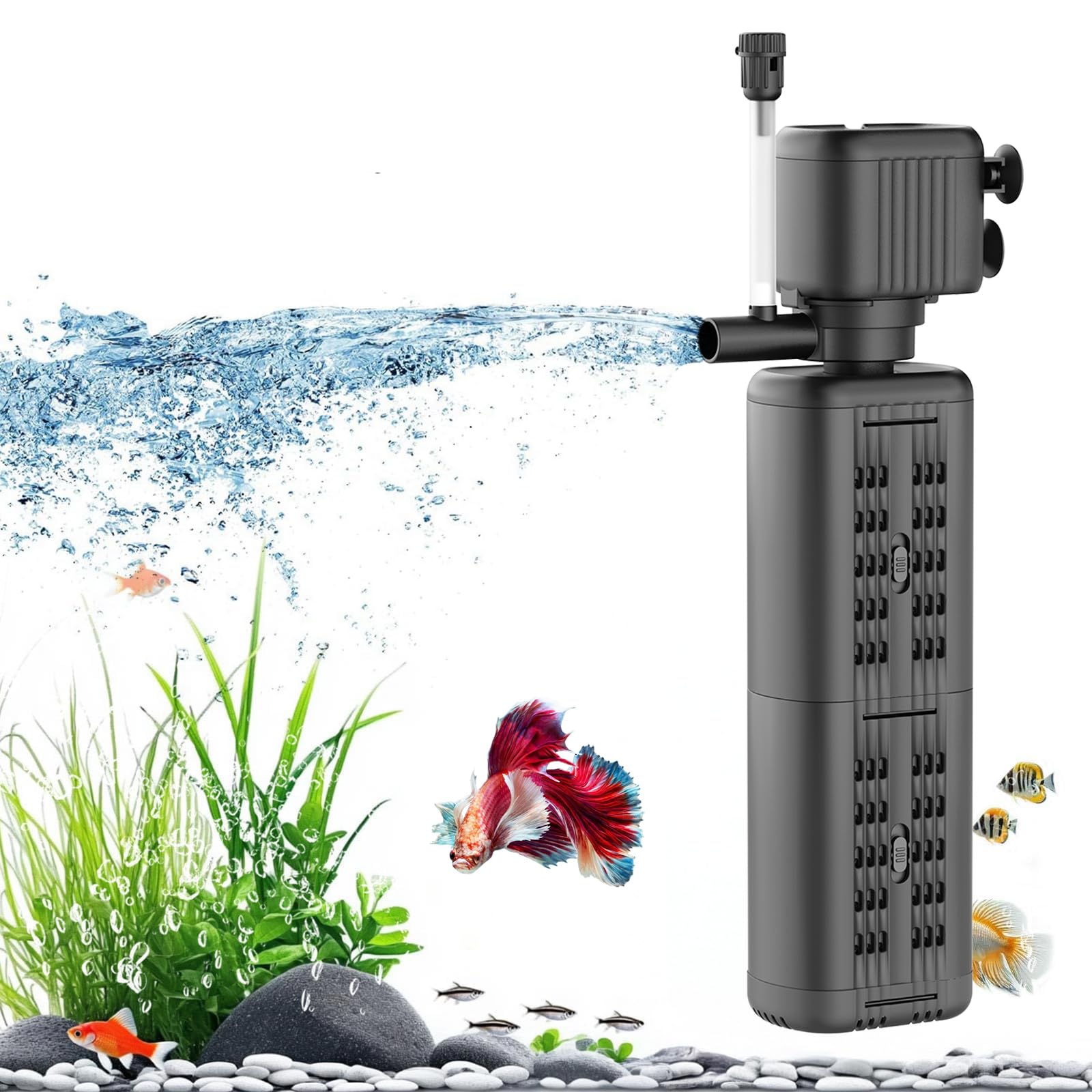 SYSENCIAGA 40-150 Gallon Internal Aquarium Filter, 4-in-1 Submersible Power Fish Tank Filter with Water Pump, Wave Maker & Air Bubbler for Large Fish Tanks, Turtle Tanks, and Koi Ponds(25W )