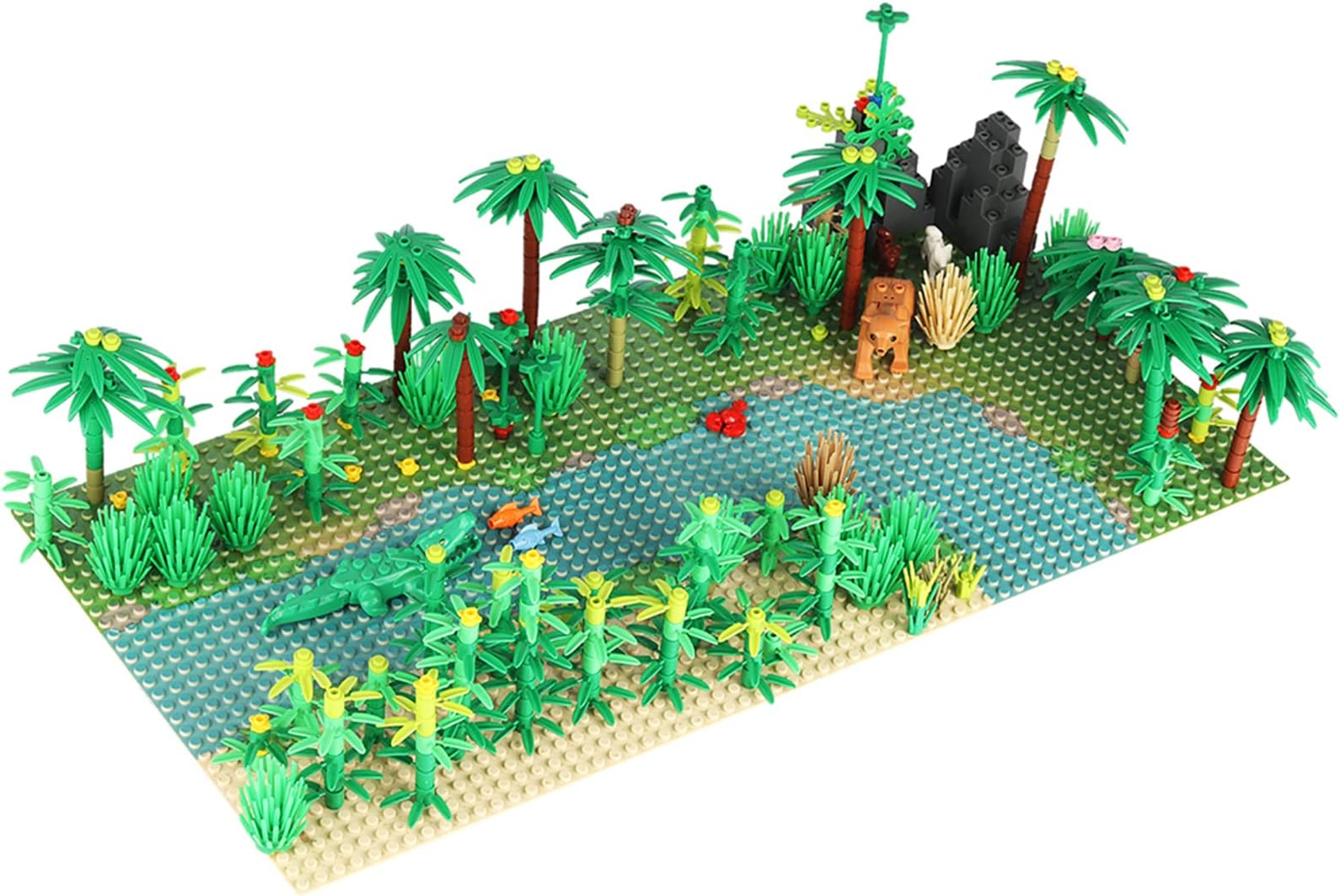 Jungle Trees Building Bricks with 2 Base Plates (10 x 10 inch),Rainforest Plants Flowers Bushes Animals Kit, Botanical Parts Scenery Toys for Kids and Adults