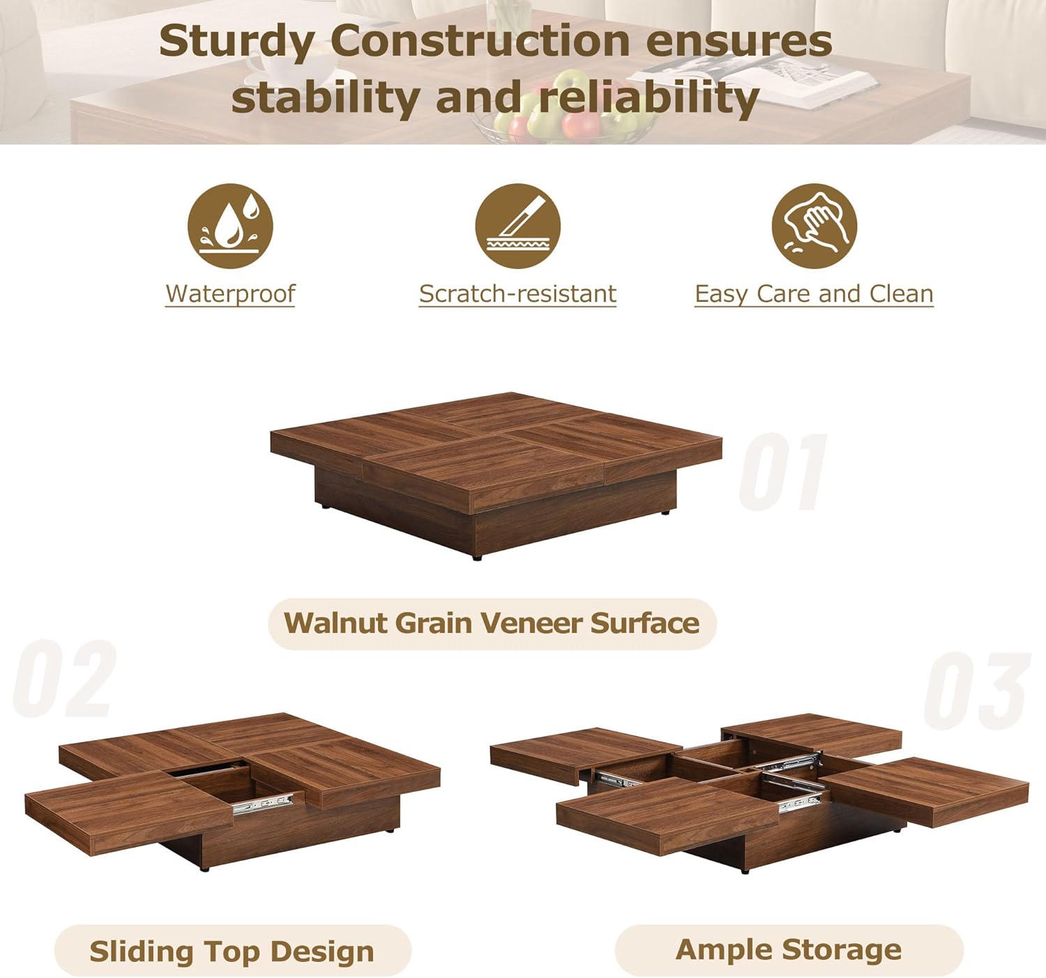 Walnut Square Sliding Top Coffee Table with Storage