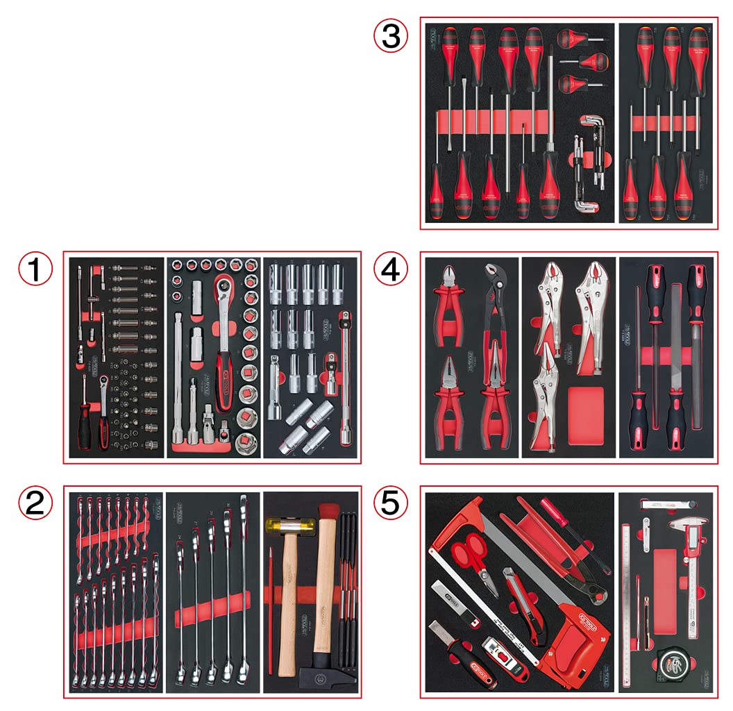 KS Tools 714.0187 - Composition d'outils 5 tiroirs pour servante - Empreinte des outils découpée au laser - Résistant aux huiles et produits chimiques - Mousse imputrescible - 187 pièces