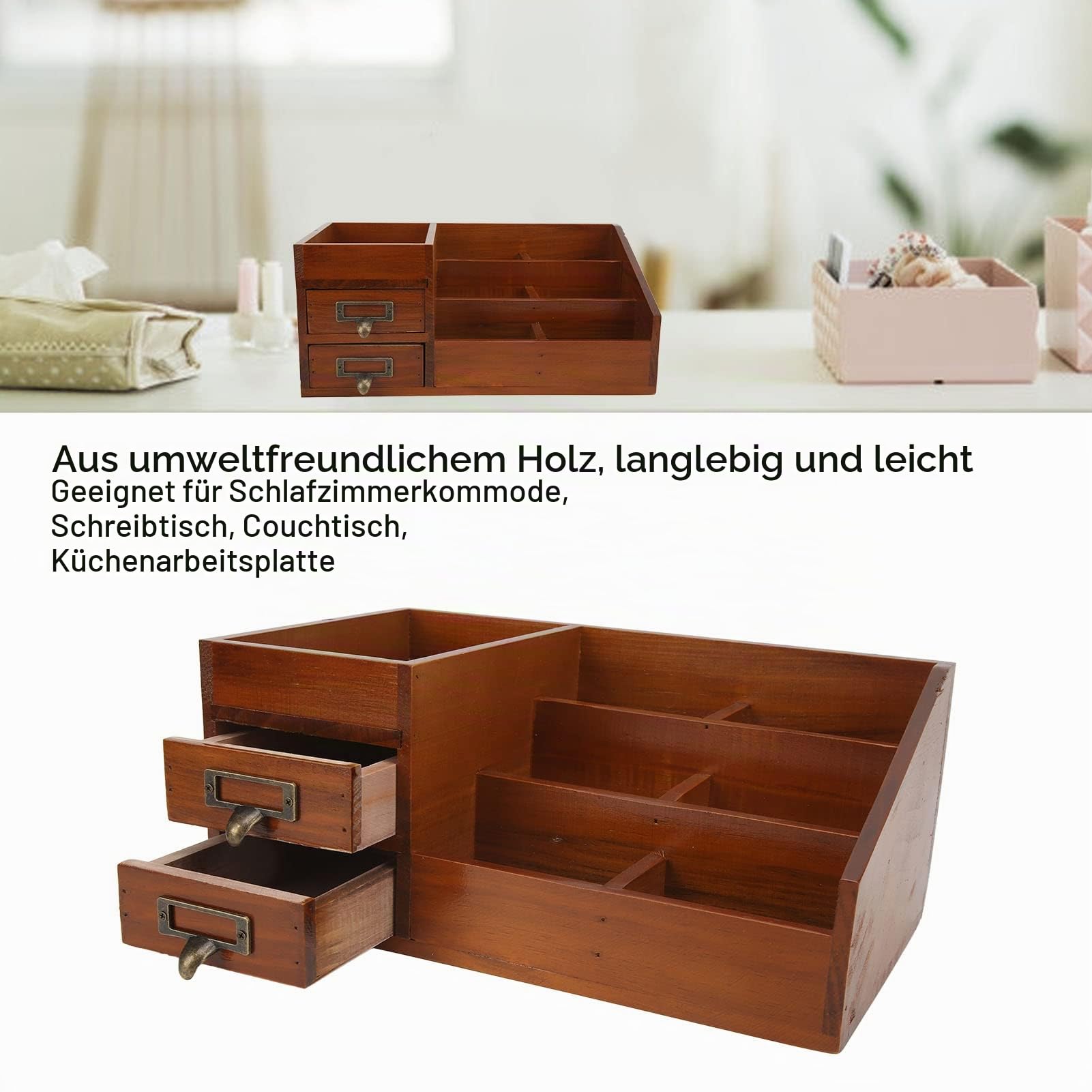Raguso Schreibtisch Organizer aus Holz, Antik Retro 2 Schubladen Umweltfreundlicher Holz Schubladen Organizer für Bürobedarf für Kosmetika für Schreibwaren