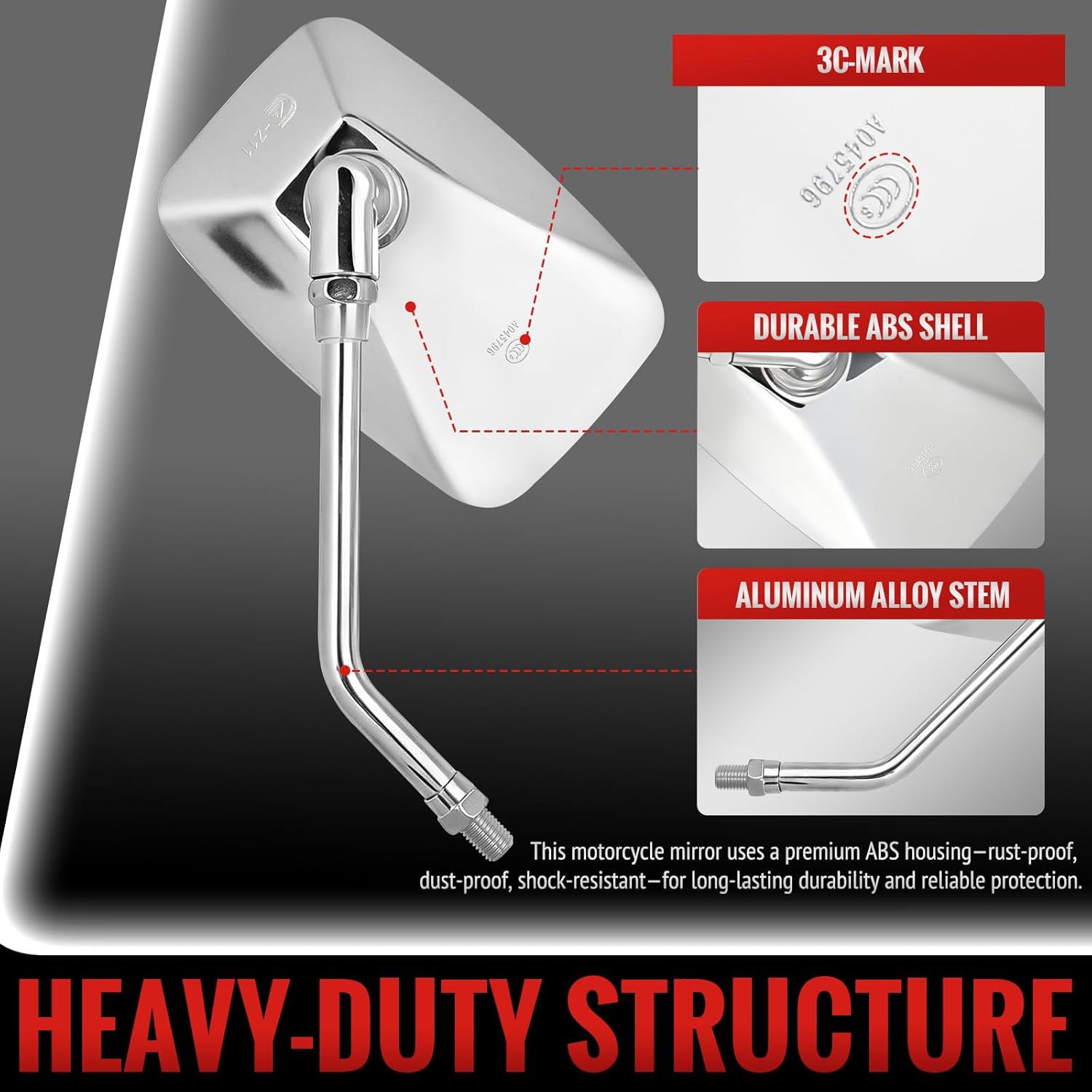 Universal Motorcycle Mirrors - 10mm Chrome Rectangle Handlebar Rearview Side Mirrors Compatible with Honda Shadow Kawasaki Suzuki Cruiser Scooter Street Dirt Bike Cruiser Chopper Touring
