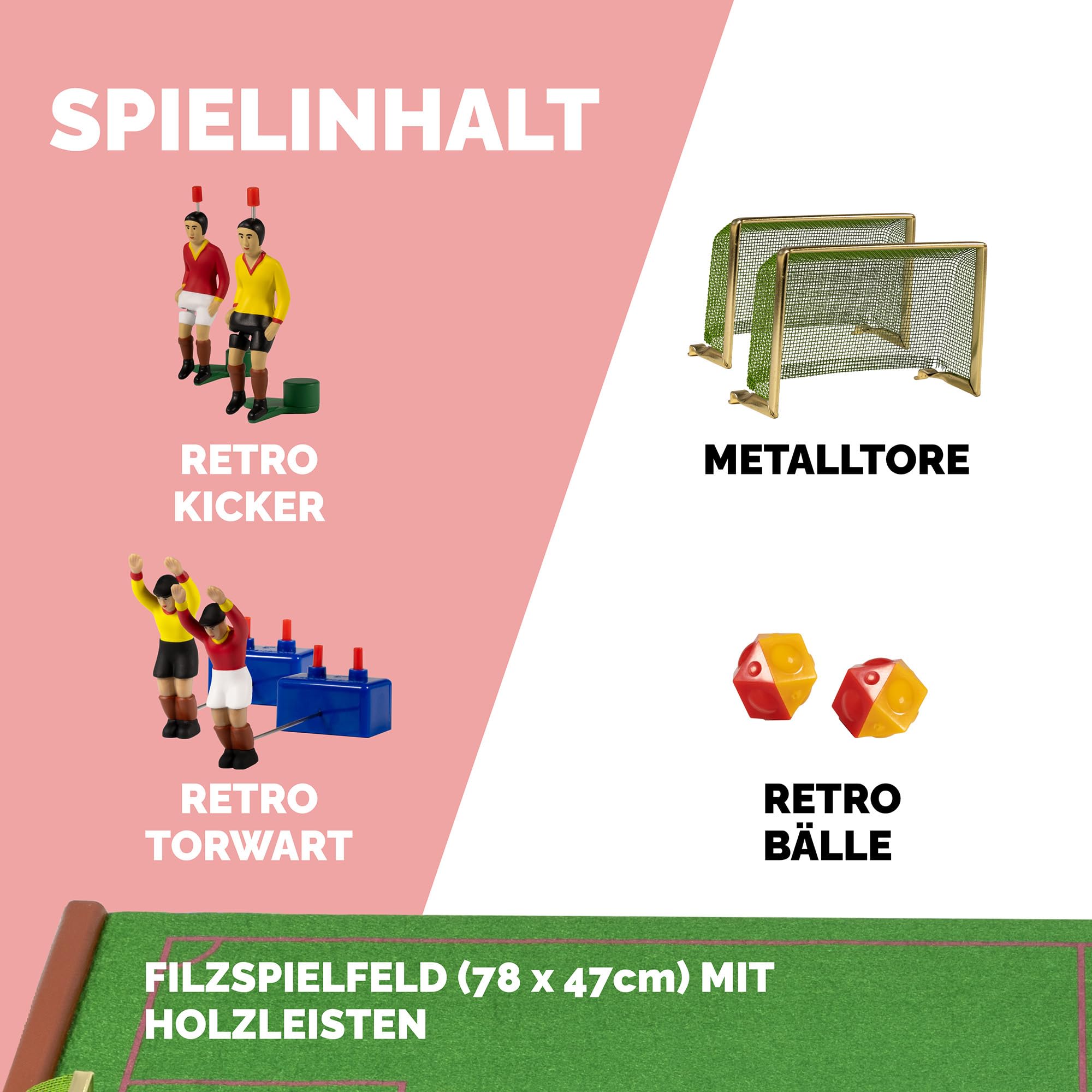 TIPP-KICK Spiel Retro Edition Tischfußball-Set - Nostalgisches Fußball-Spiel im 50er Design mit Spielern, Torwarten, Metall-Toren, Bällen und Spielfeld aus Filz, Geschenkidee für Fans